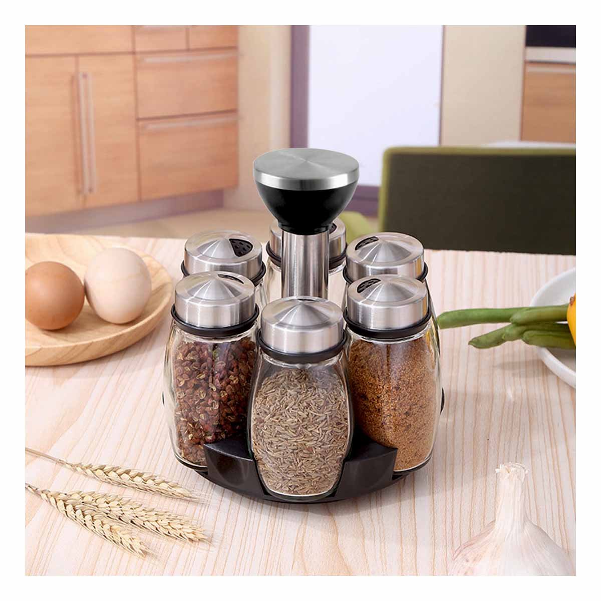 PACK6 SET DE COCINA DE COLOR PLATEADO CON 6 FRASCOS EN BASE GIRATORIA - 2