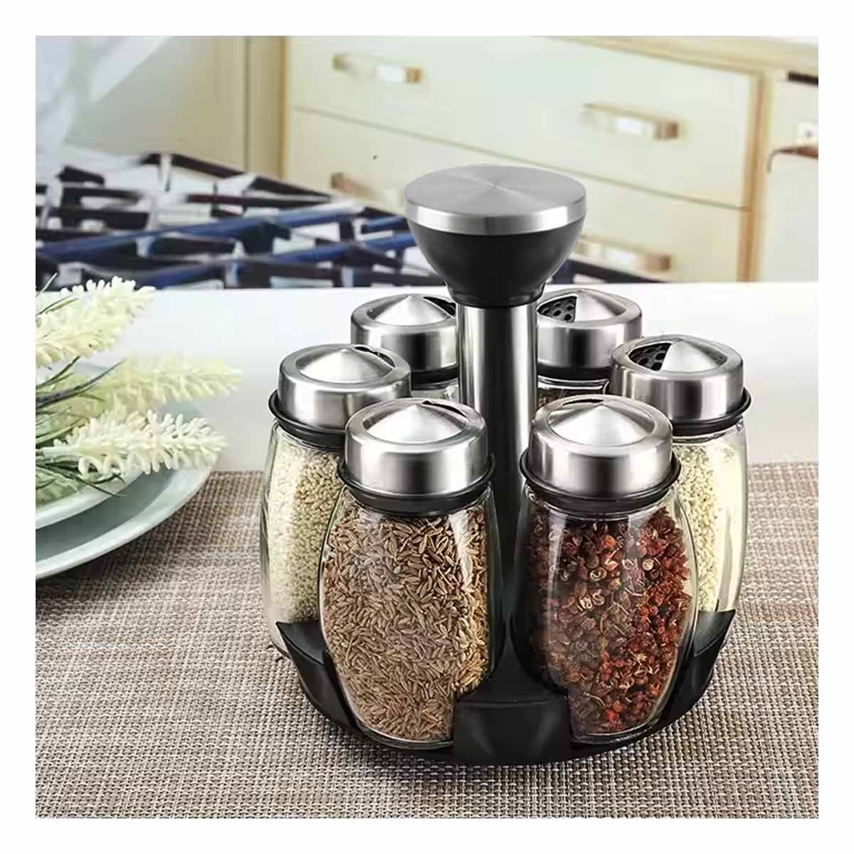 PACK6 SET DE COCINA DE COLOR PLATEADO CON 6 FRASCOS EN BASE GIRATORIA - 5