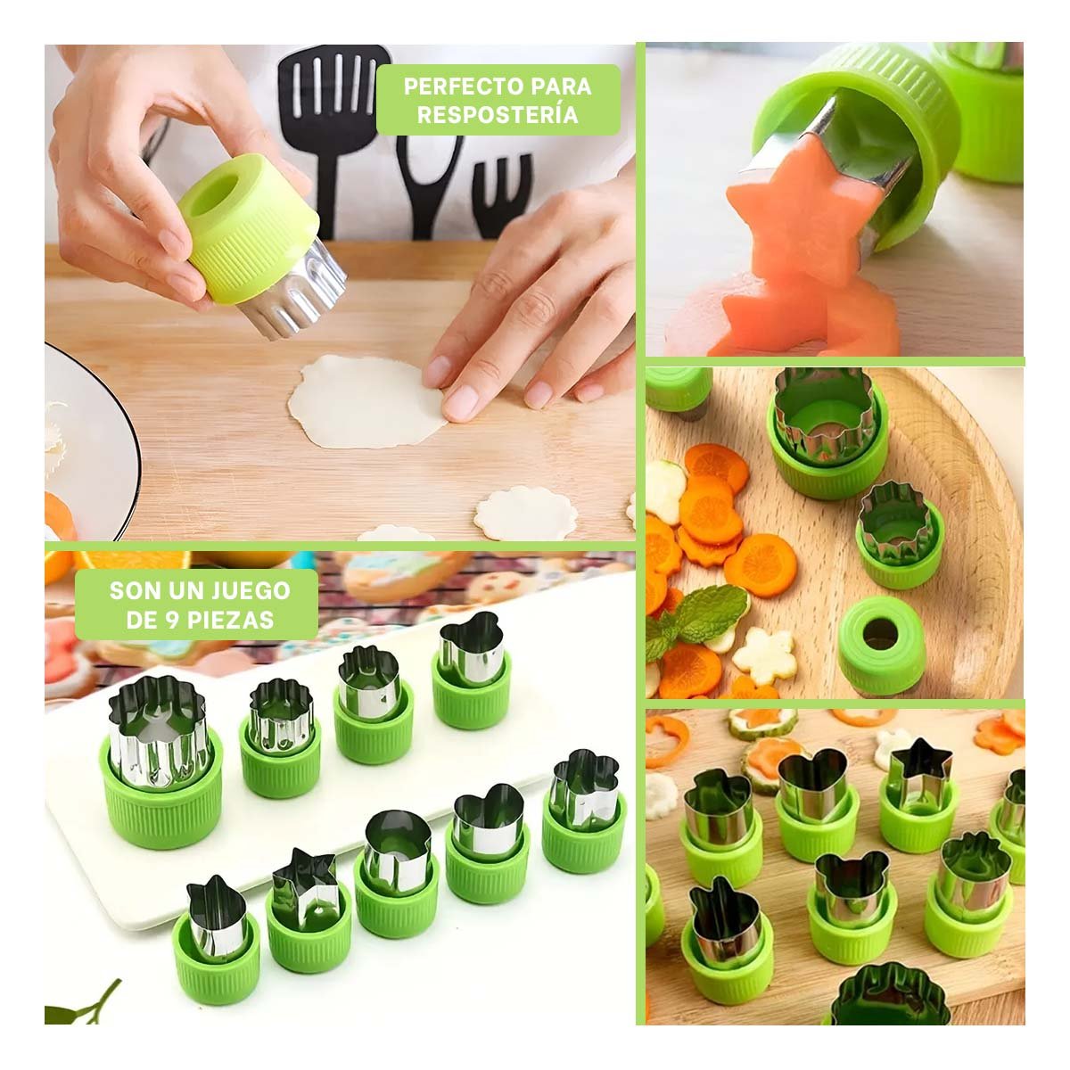 PICADORES DE FRUTAS Y VERDURAS 9PZS VERDE PARA COCINA HOGAR FACIL USO - 2