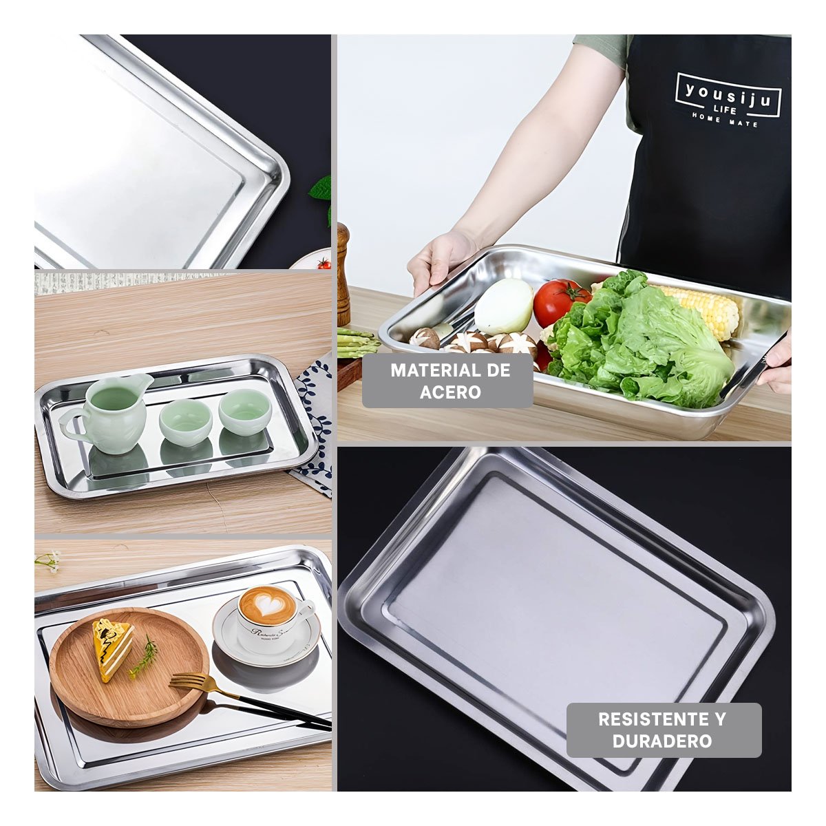 PACK2 PLATO GRANDE RECTANGULAR DE ACERO PLATEADO PARA REUNIONES FAMILIARES YPAPEL REGALO - 3