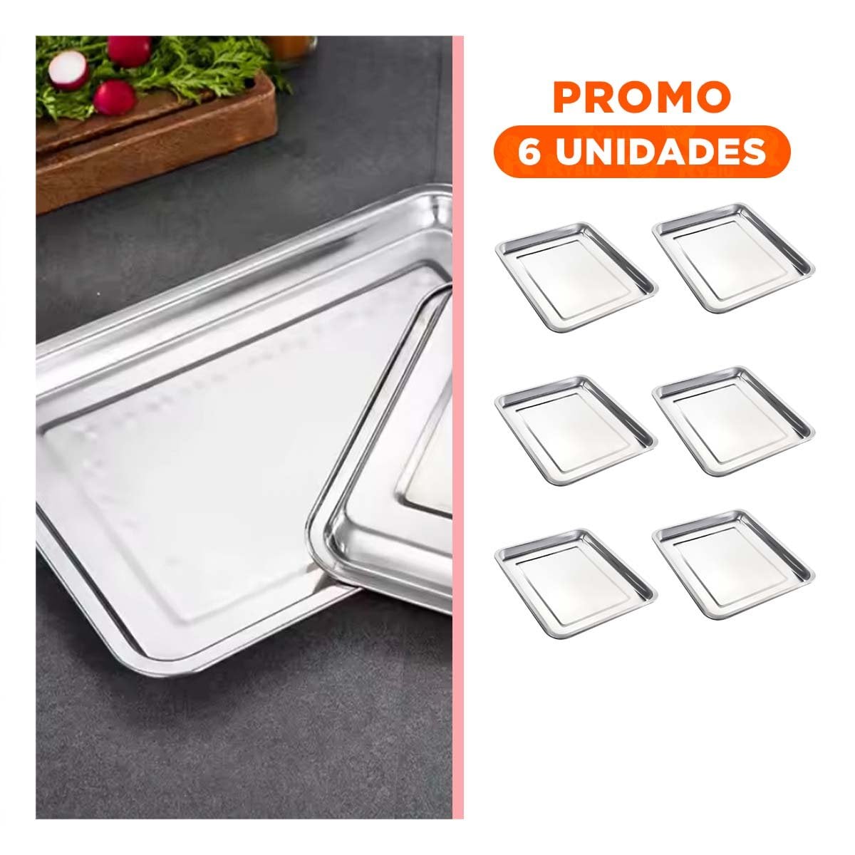 PACK6 CHAROLA DE ACERO PULIDO RECTANGULAR PARA PRESENTAR ALIMENTOS EN CASA YREGALO STICKER - 1