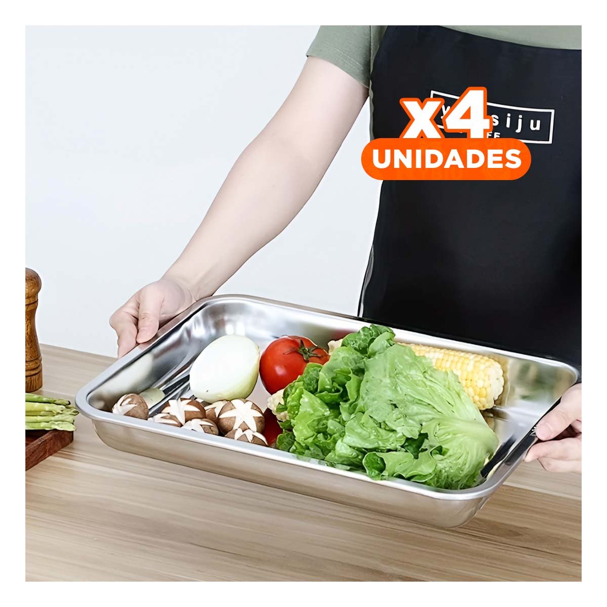 PACK4 PLATO DE ACERO RECTANGULAR PARA COCINA Y SERVICIO PLATEADO 60X40X2CM YREGALO STICKER - 1