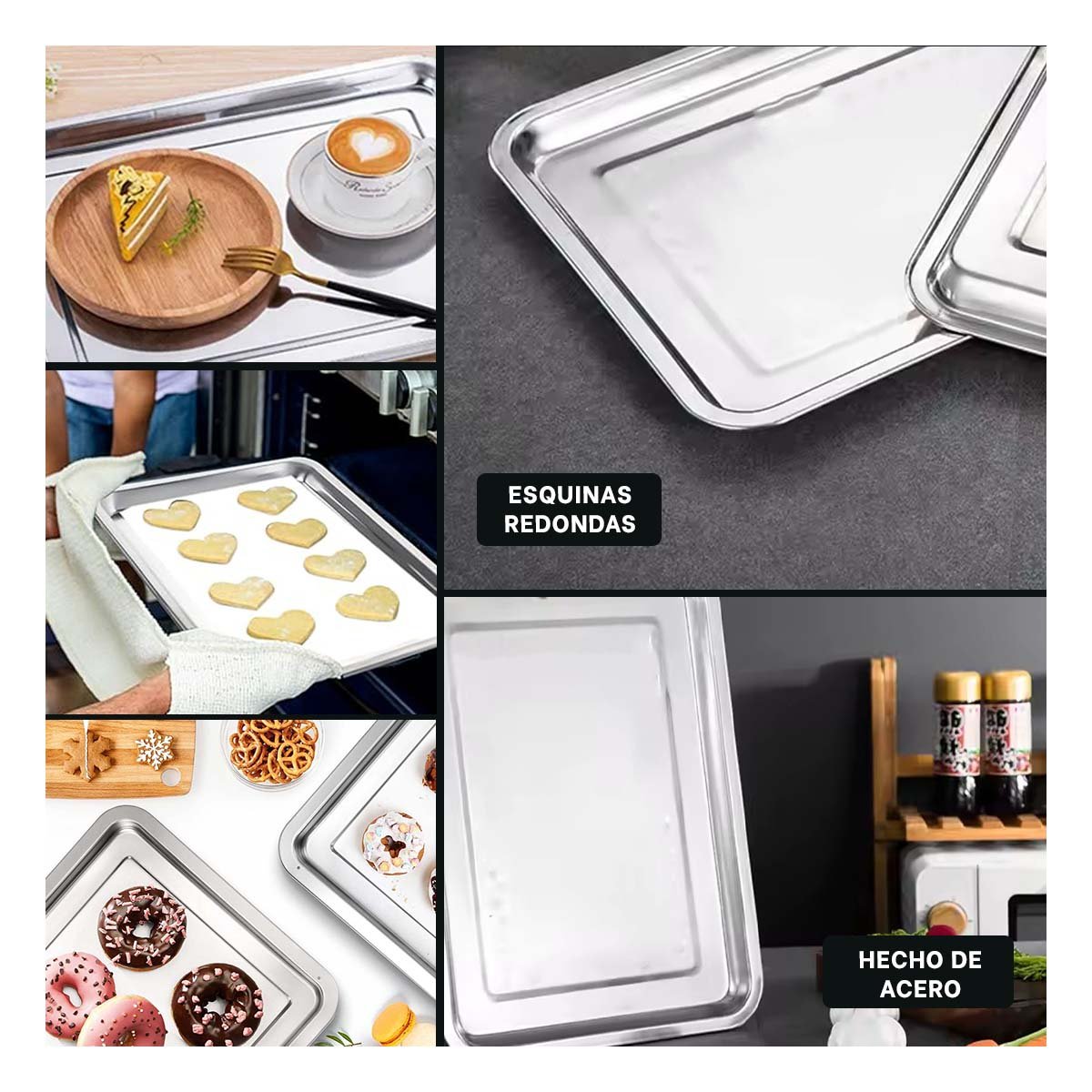 PACK4 PLATO DE ACERO RECTANGULAR PARA COCINA Y SERVICIO PLATEADO 60X40X2CM YREGALO STICKER - 2