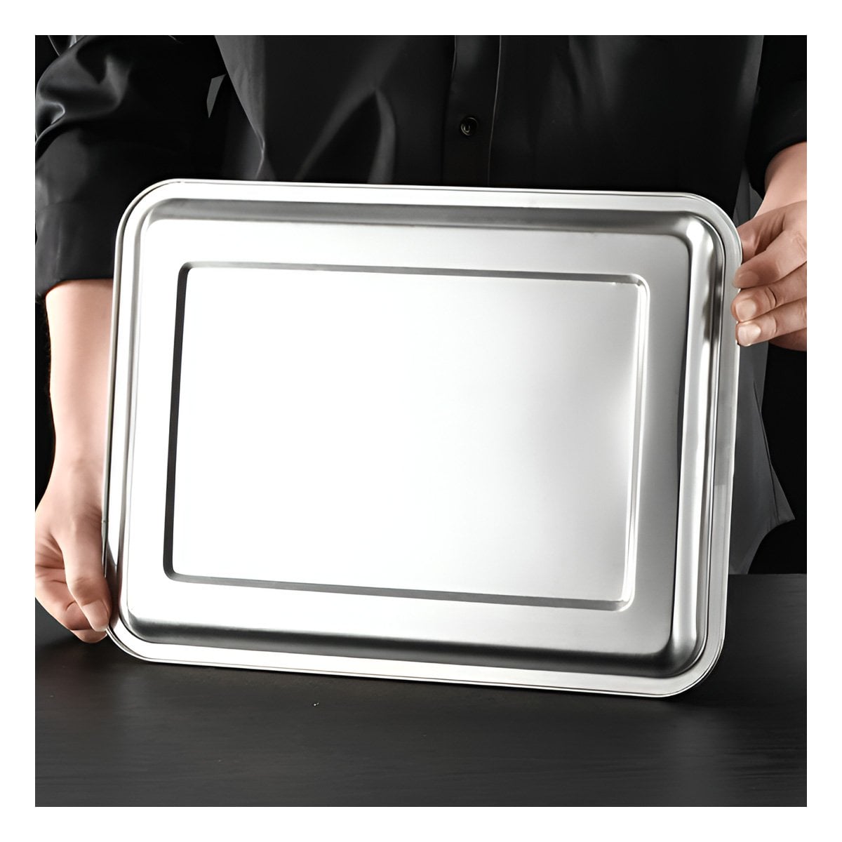 PACK6 CHAROLA DE SERVICIO RECTANGULAR EN ACERO PARA MESA PLATEADO 50X35X2CM - 3