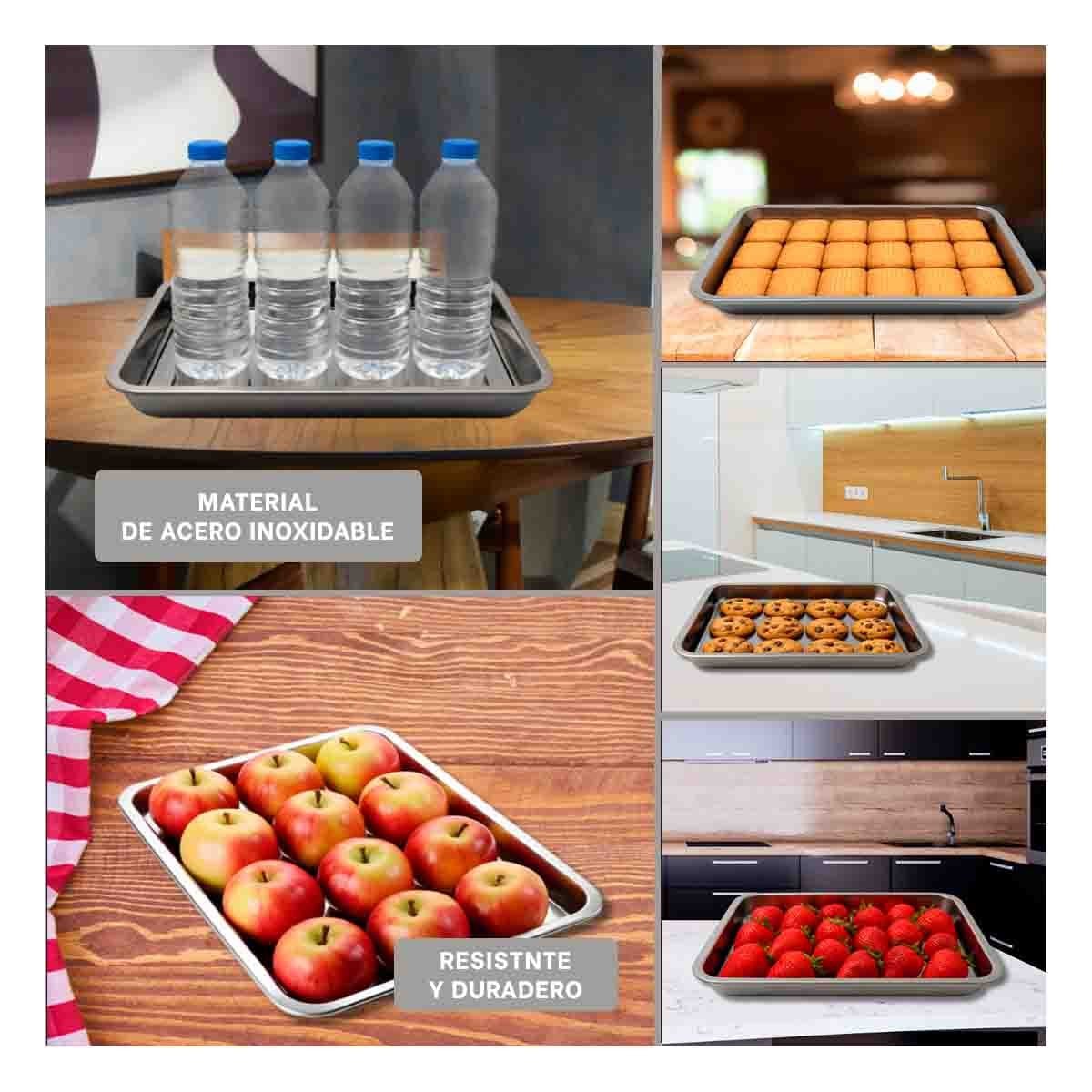 BANDEJA RECTANGULAR DE ACERO PLATEADA PARA COCINA HOGAR Y EVENTOS FESTIVOS - 2