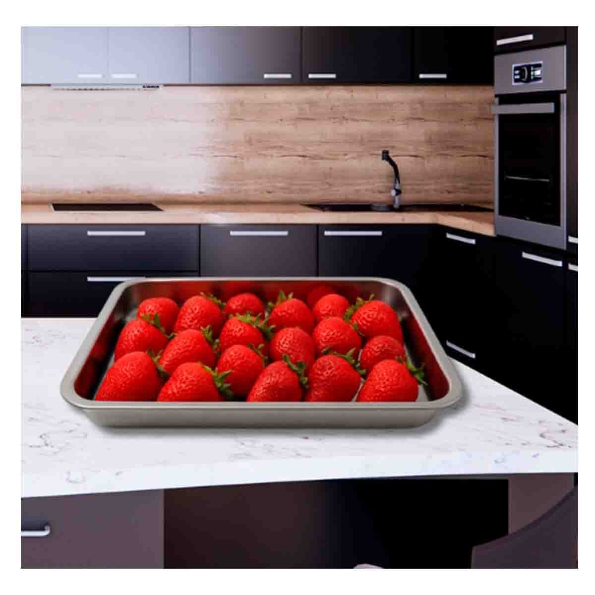 BANDEJA RECTANGULAR DE ACERO PLATEADA PARA COCINA HOGAR Y EVENTOS FESTIVOS - 3