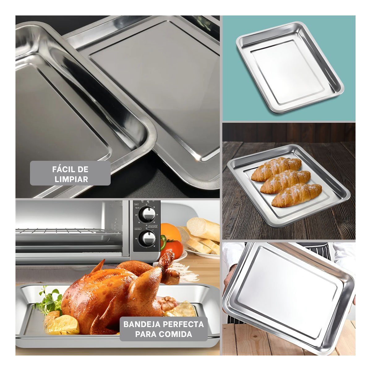 CHAROLA RECTANGULAR DE ACERO PARA COCINA HOGAR Y USO DIARIO PLATEADA YPAPEL REGALO - 3