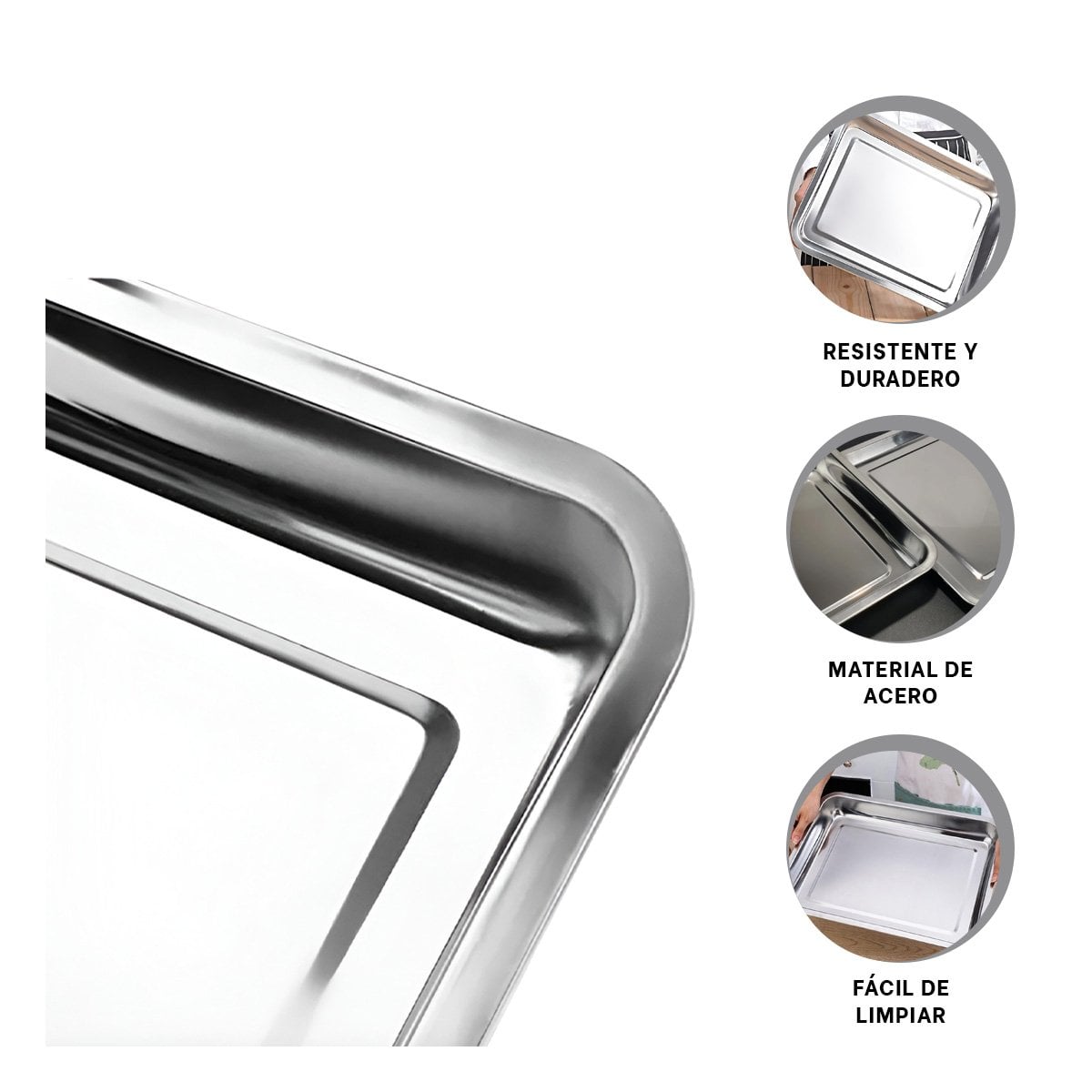 CHAROLA RECTANGULAR DE ACERO PARA COCINA HOGAR Y USO DIARIO PLATEADA YPAPEL REGALO - 5