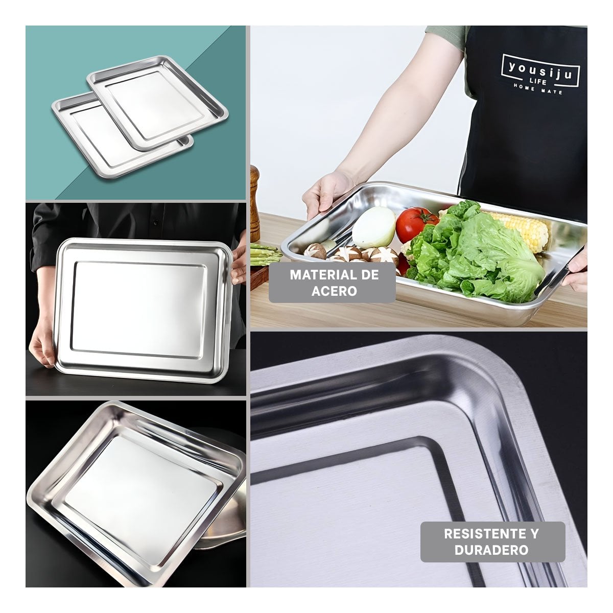 BANDEJA GRANDE RECTANGULAR DE ACERO PARA PREPARAR Y SERVIR PLATEADO 50X35X2CM YLIGAS REGALO - 1