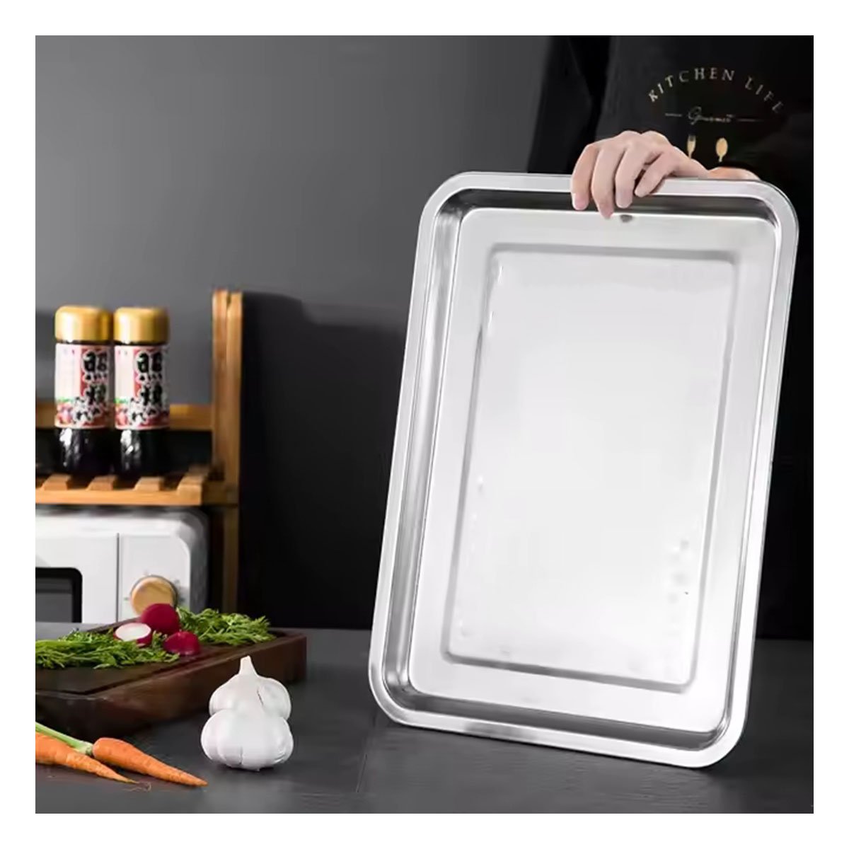 PACK6 PLATO DE ACERO PARA COCINA HOGAR Y REPOSTERIA PLATEADO 60X40X2CM YPAPEL REGALO - 5