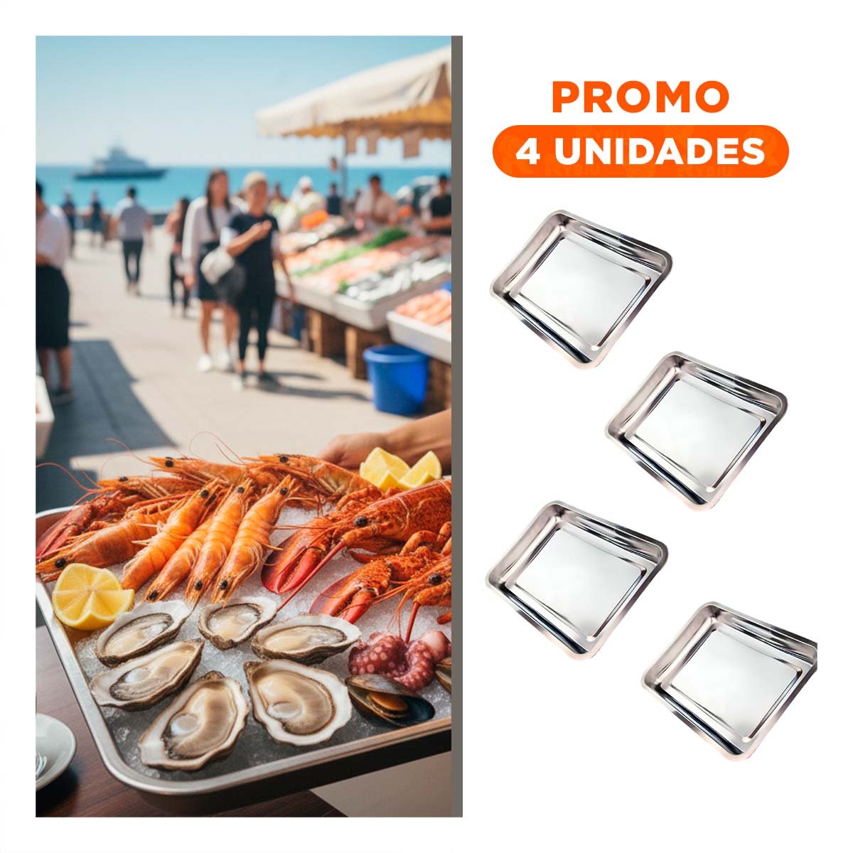 PACK4 PLATO DE SERVICIO RECTANGULAR DE ACERO PARA PREPARAR ALIMENTOS PLATEADO 50X35X2CM - 1