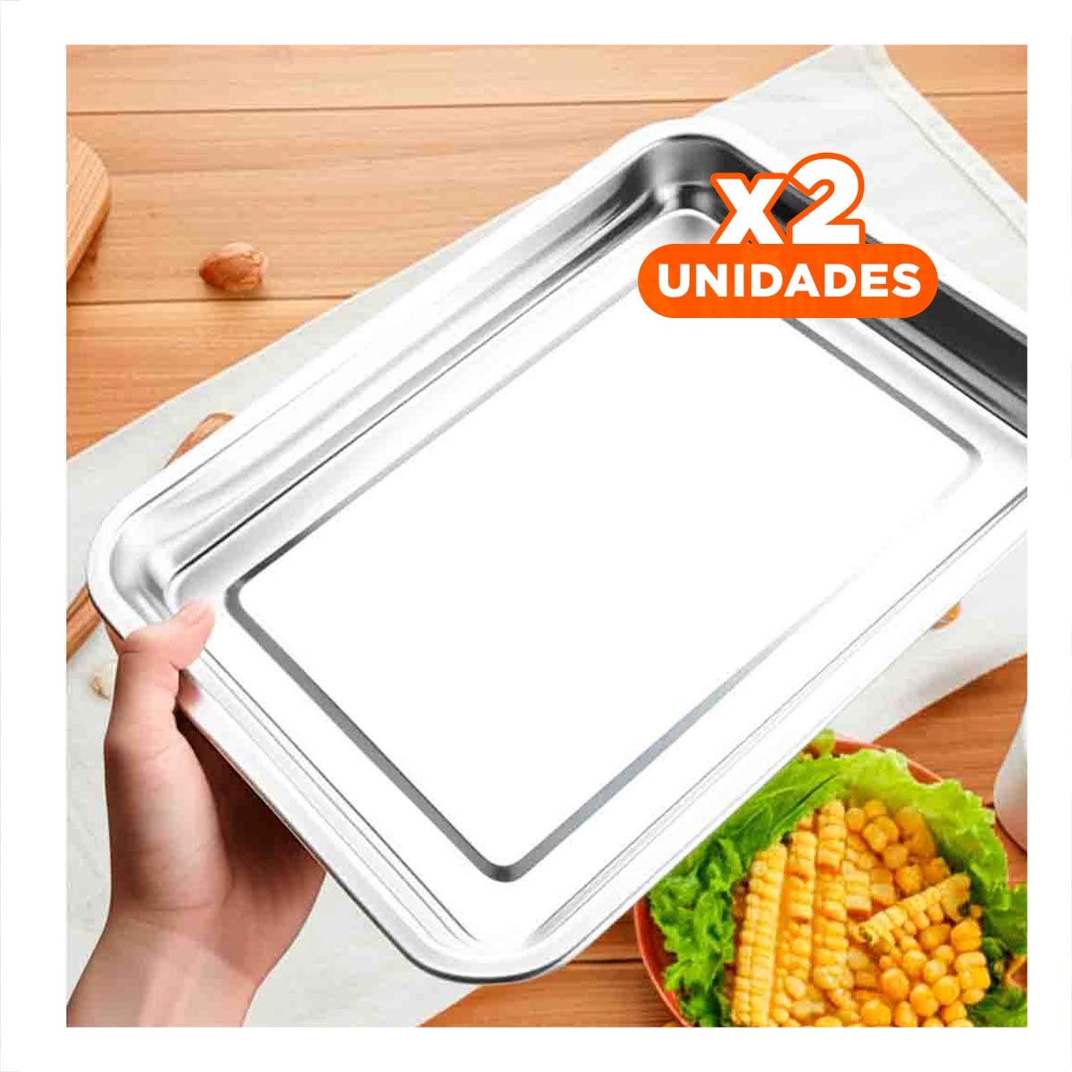 PACK2 PLATO RECTANGULAR DE ACERO PLATEADO PARA COCINA HOGAR Y EVENTOS ESPECIALES - 1