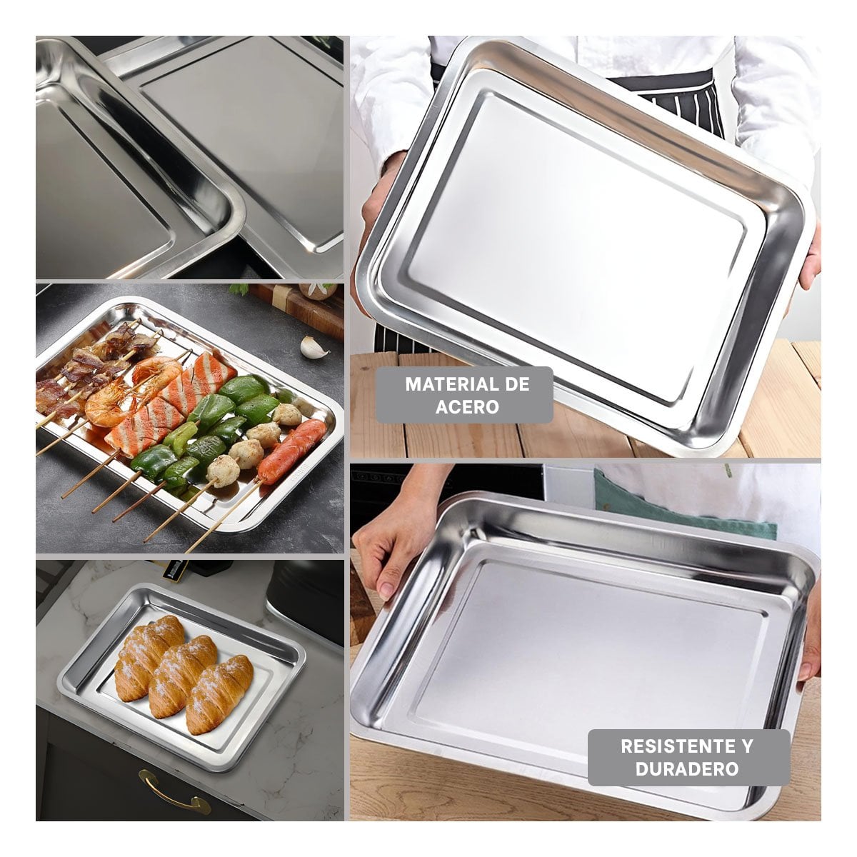 PLATO RECTANGULAR DE ACERO PARA COCINA HOGAR Y DECORACION PLATEADA - 2