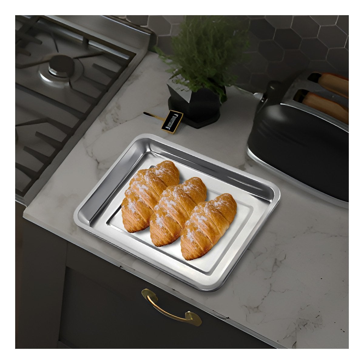 PLATO RECTANGULAR DE ACERO PARA COCINA HOGAR Y DECORACION PLATEADA - 3