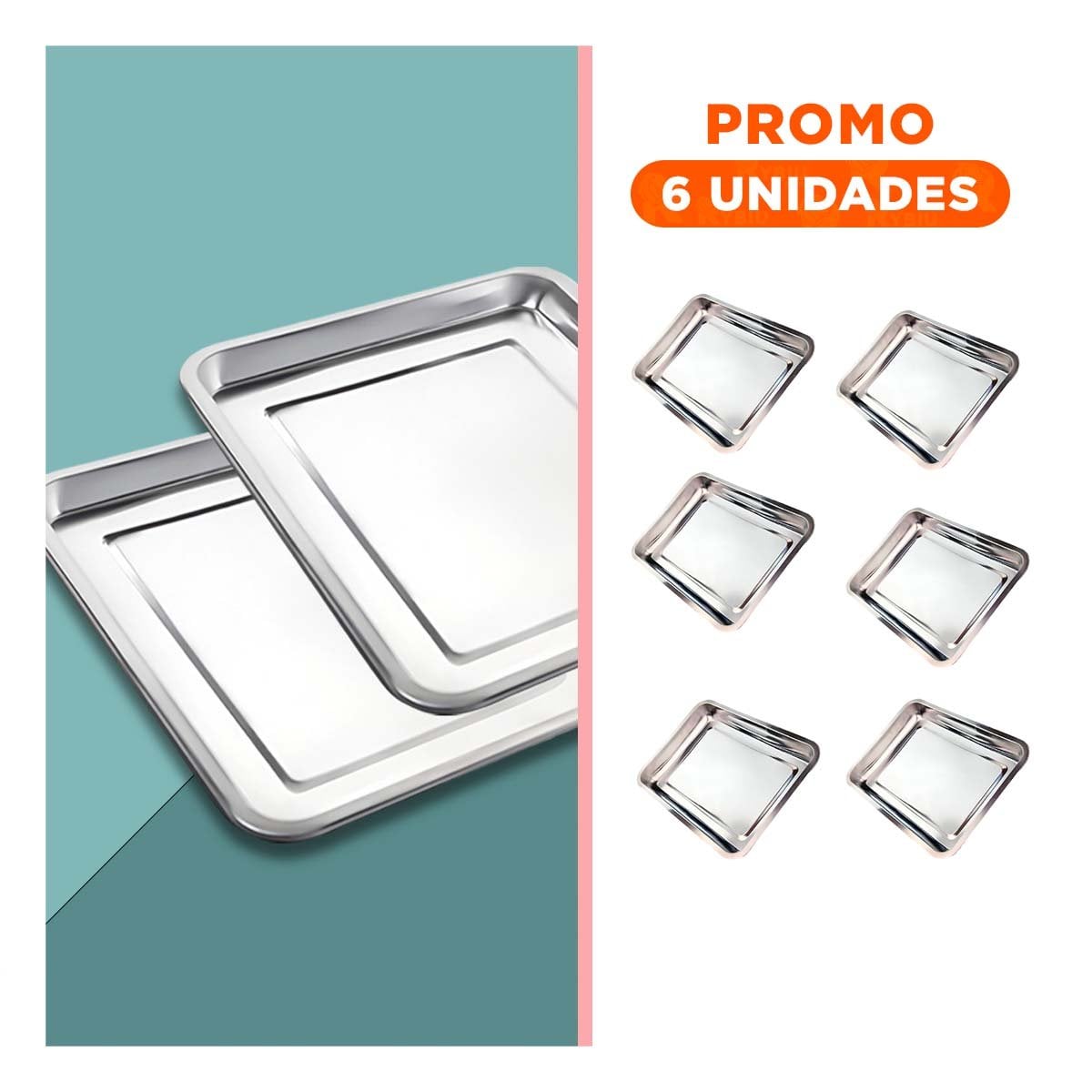 PACK6 PLATO DE ACERO PARA HOGAR COCINA Y PREPARACION PLATEADO 60X40X2CM YREGALO STICKER - 1