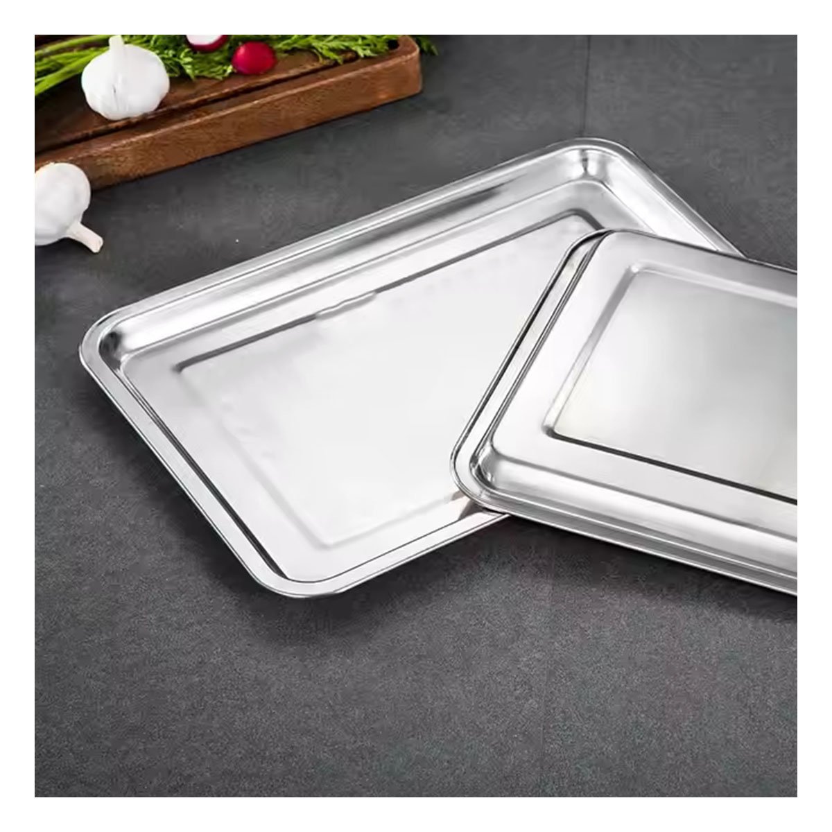 PACK6 PLATO DE ACERO PARA HOGAR COCINA Y PREPARACION PLATEADO 60X40X2CM YREGALO STICKER - 3