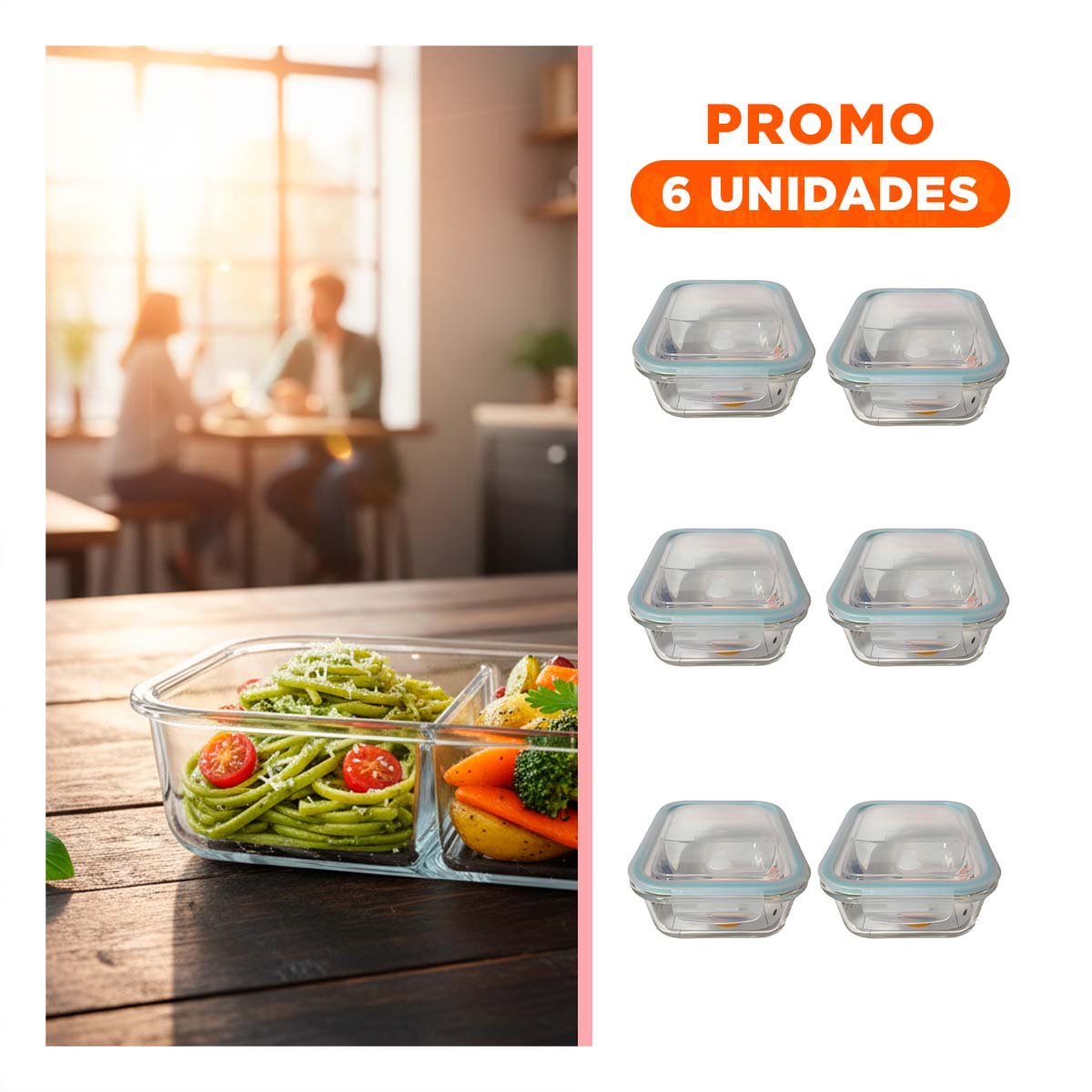 PACK6 FIAMBRERA DE VIDRIO 2 DIVISIONES 1040ML TAPA LINEA CELESTE YREGALO STICKER - 1