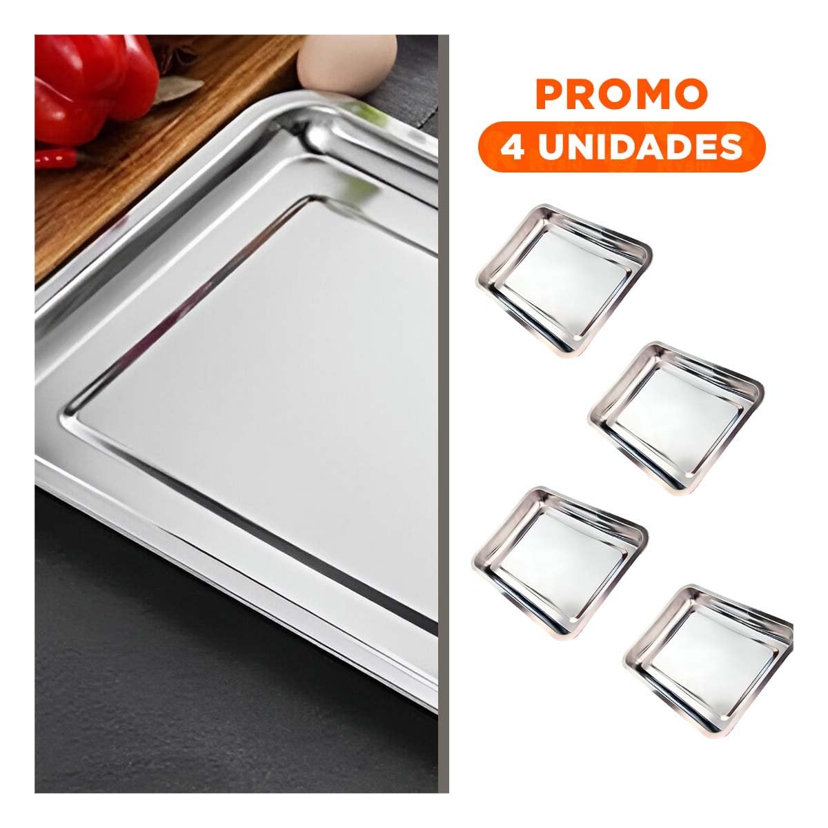 PACK4 BANDEJA DE ACERO PARA HOGAR COCINA Y RESTAURANTE PLATEADO 60X40X2CM - 1