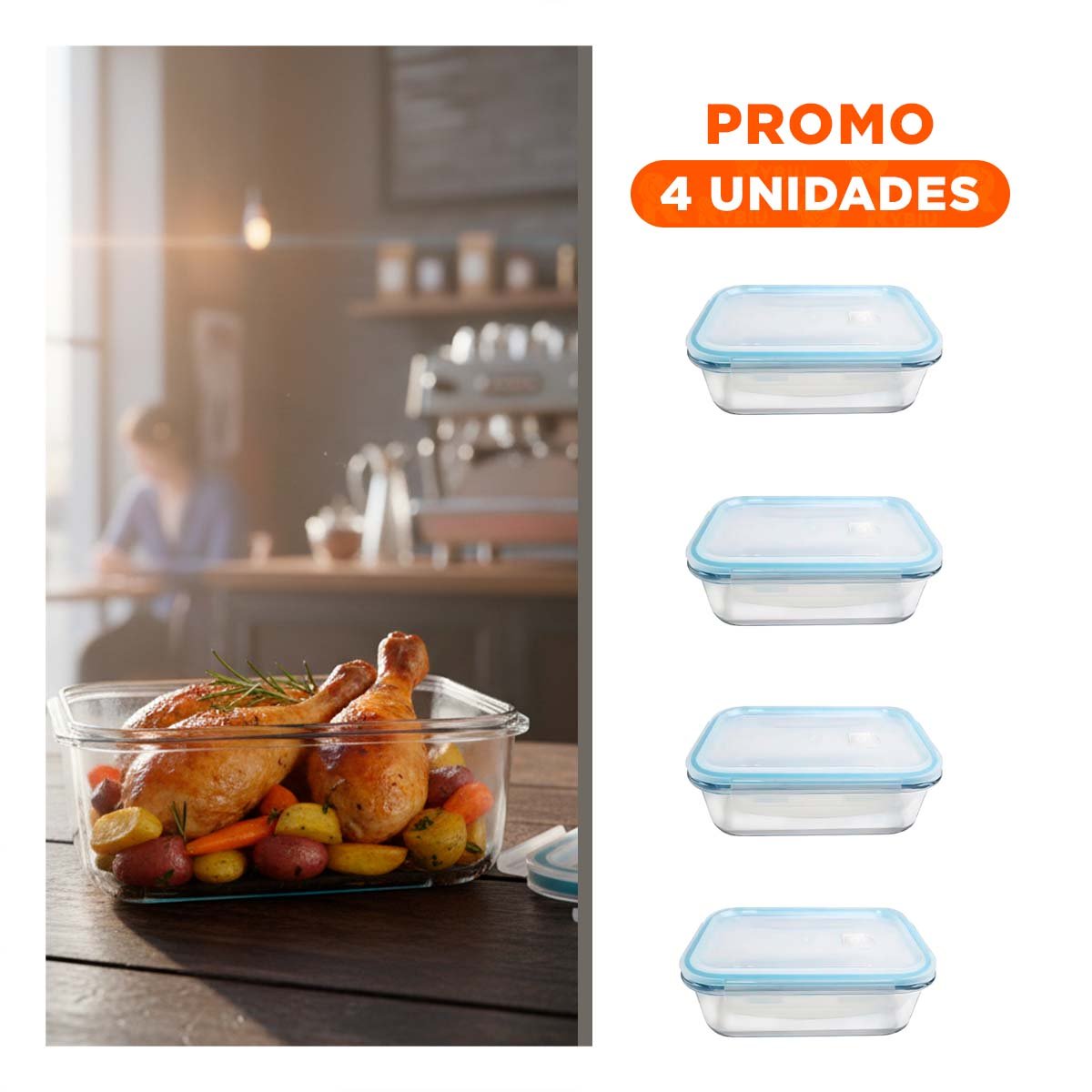 PACK4 CONTENEDOR TRANSPARENTE 1040ML CON TAPA DE VIDRIO LINEA CELESTE - 1
