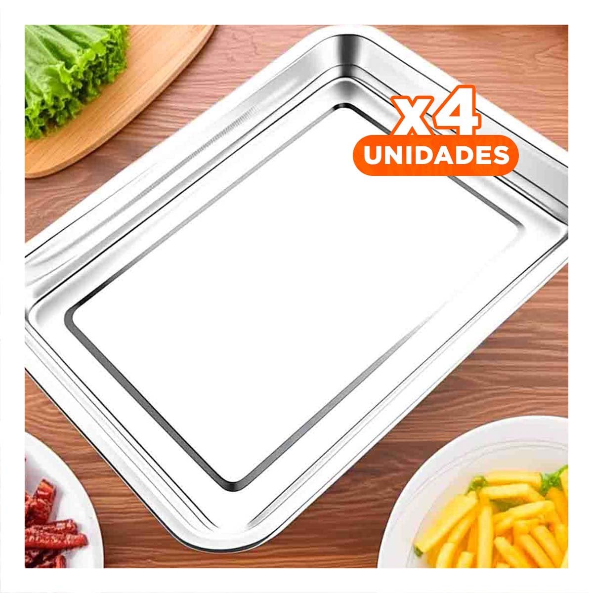 PACK4 CHAROLA DE ACERO RECTANGULAR PLATEADA PARA ORGANIZAR PLATOS Y POSTRES YPAPEL REGALO - 1