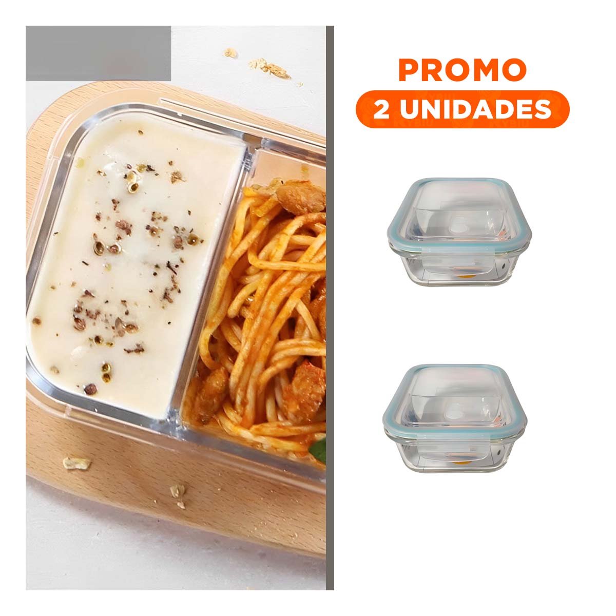 PACK2 ENVASE DE VIDRIO CON TAPA 2 DIVISIONES 1040ML LINEA CELESTE YREGALO STICKER - 1