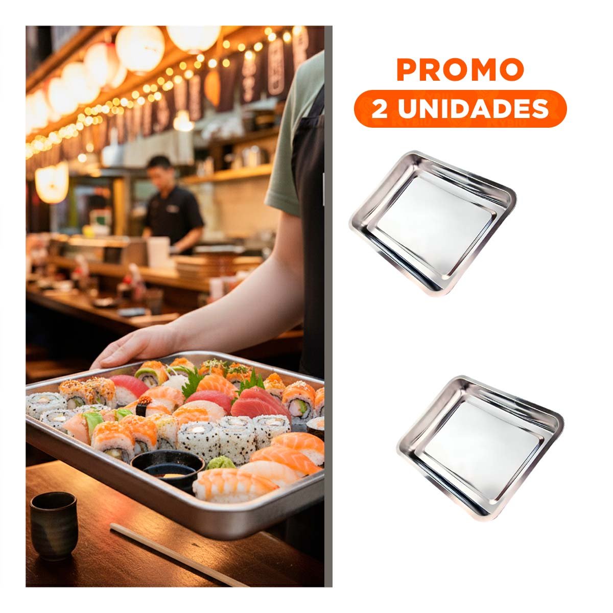PACK2 PLATO MULTIUSO RECTANGULAR EN ACERO PARA MESA Y HOGAR PLATEADO 50X35X2CM YREGALO STICKER - 1