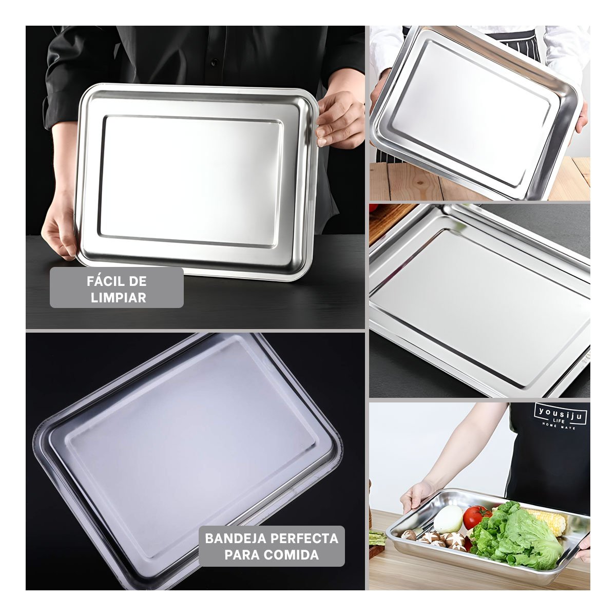 BANDEJA DE SERVICIO RECTANGULAR EN ACERO PARA MESA Y HOGAR PLATEADO 50X35X2CM YPAPEL REGALO - 3