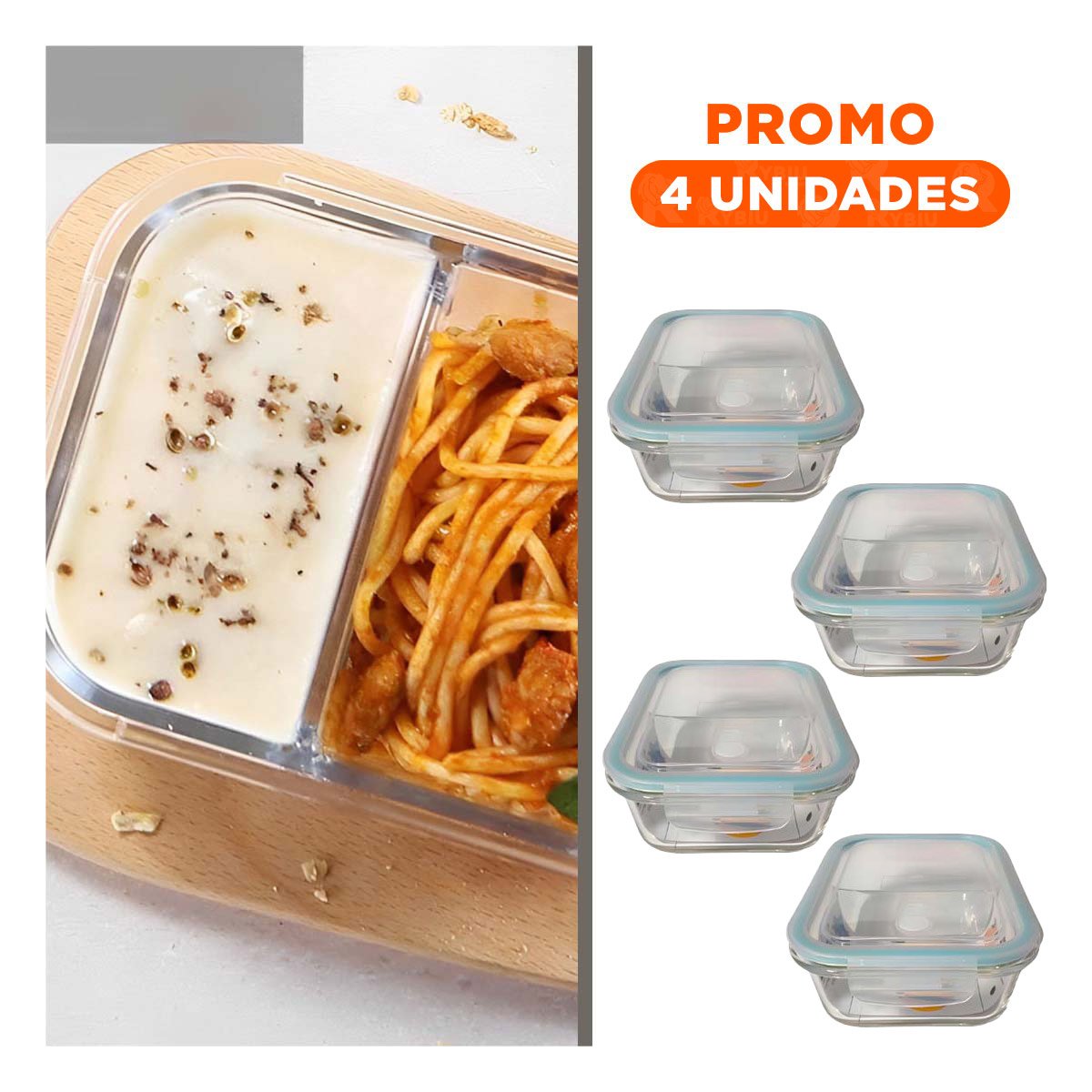 PACK4 FIAMBRERA DE VIDRIO CON TAPA 2 DIVISIONES 1040ML LINEA CELESTE - 1