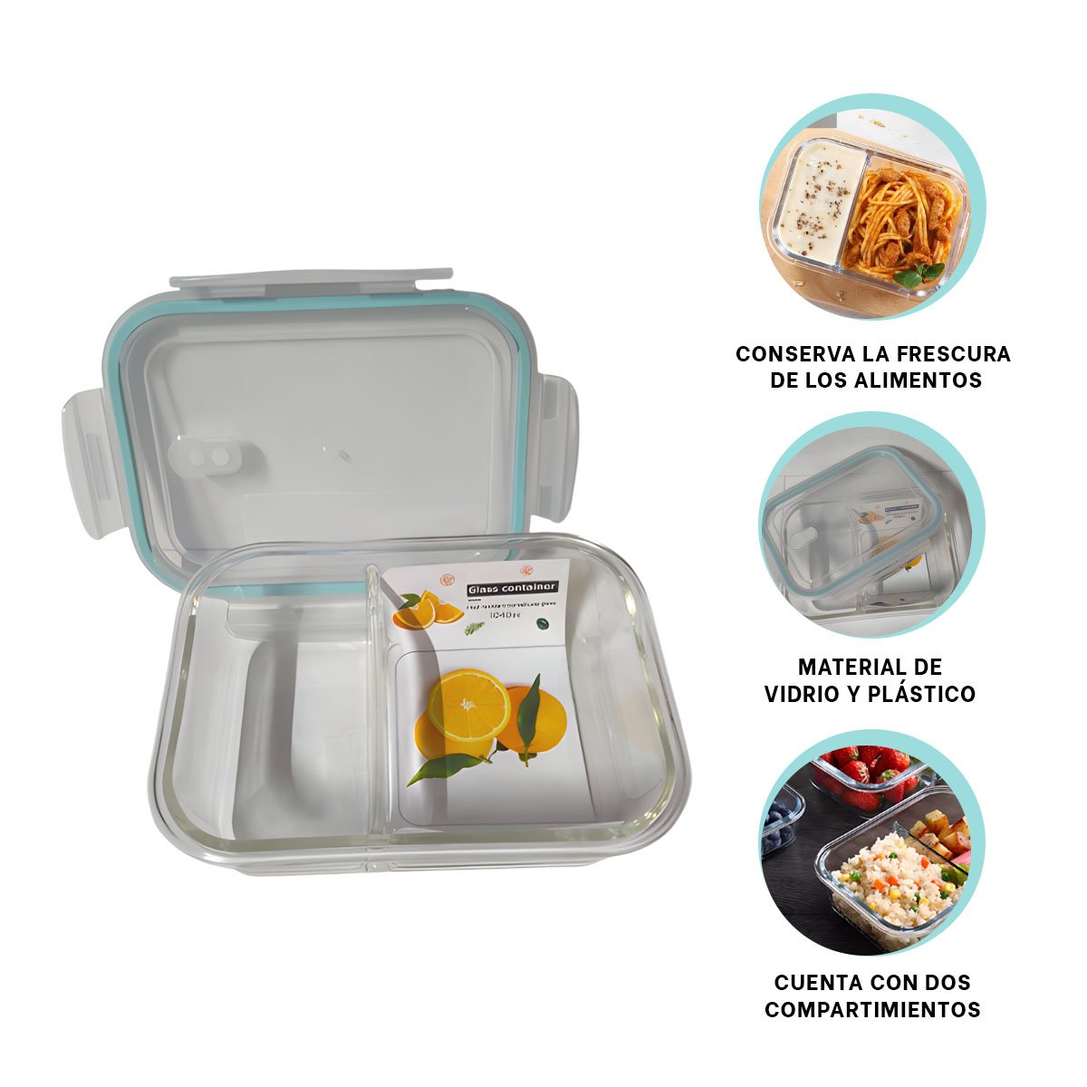 CONTENEDOR DE VIDRIO CON TAPA 2 DIVISIONES 1040ML TRANSPARENTE LINEA CELESTE YPAPEL REGALO - 5