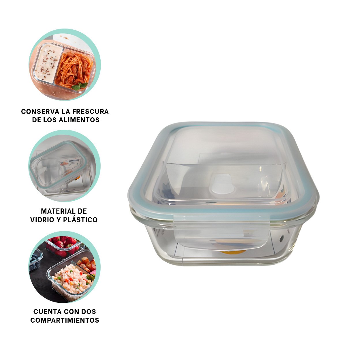 CAJA DE VIDRIO CON TAPA 2 DIVISIONES 1040ML TRANSPARENTE LINEA CELESTE PARA COMIDA YPOST IT - 5