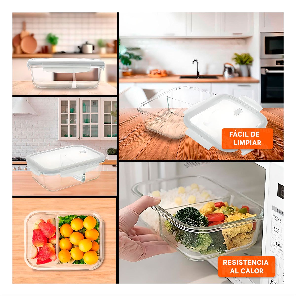 PACK4 CONTENEDOR VIDRIO 2 DIVISIONES 1040ML TRANSPARENTE LINEA BLANCA COCINA YREGALO STICKER - 2