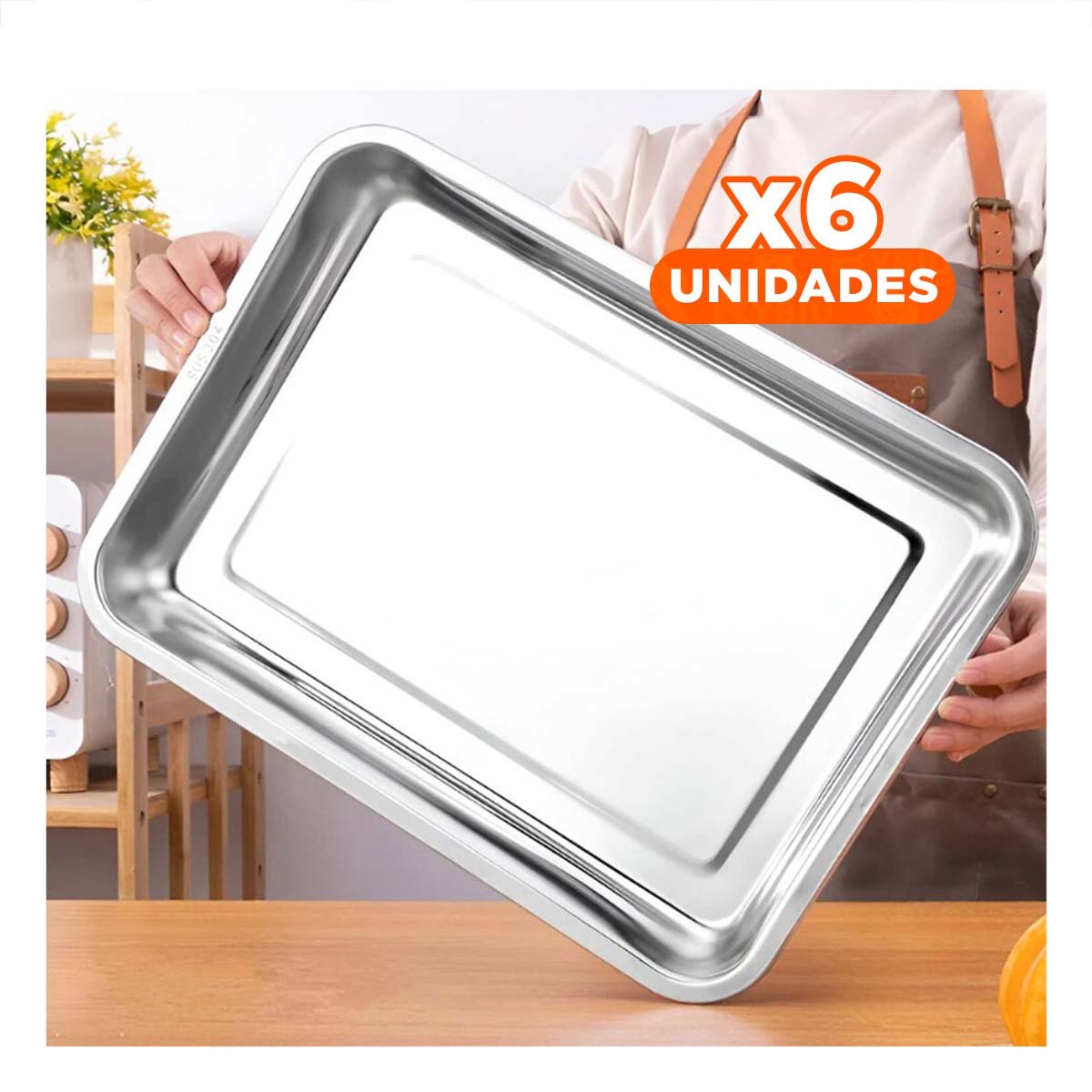 PACK6 CHAROLA DE ACERO RESISTENTE RECTANGULAR PARA USO EN COCINA Y COMEDOR FAMILIAR - 1