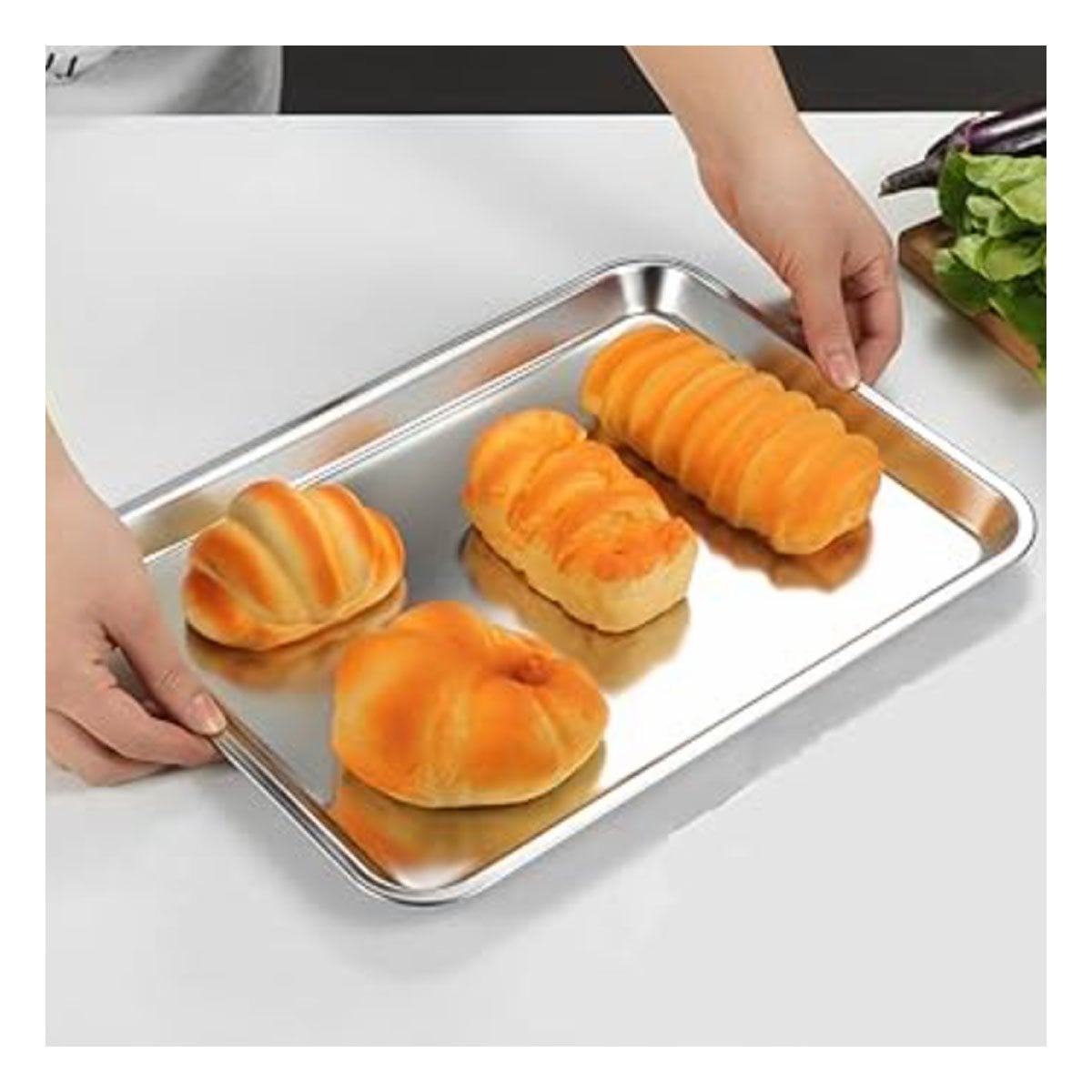 BANDEJA RECTANGULAR DE ACERO PLATEADA PARA SERVIR EN COCINA Y HOGAR FESTIVO - 5