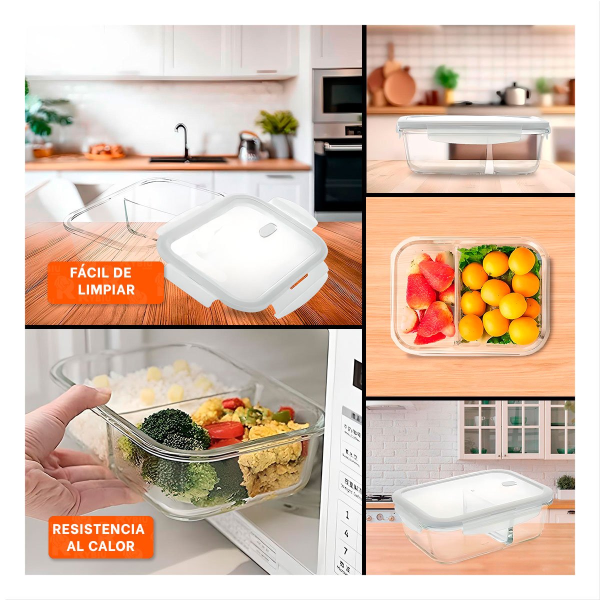 PACK2 RECIPIENTE VIDRIO 2 DIVISIONES 1040ML TRANSPARENTE LINEA BLANCA COMIDA YPAPEL REGALO - 3