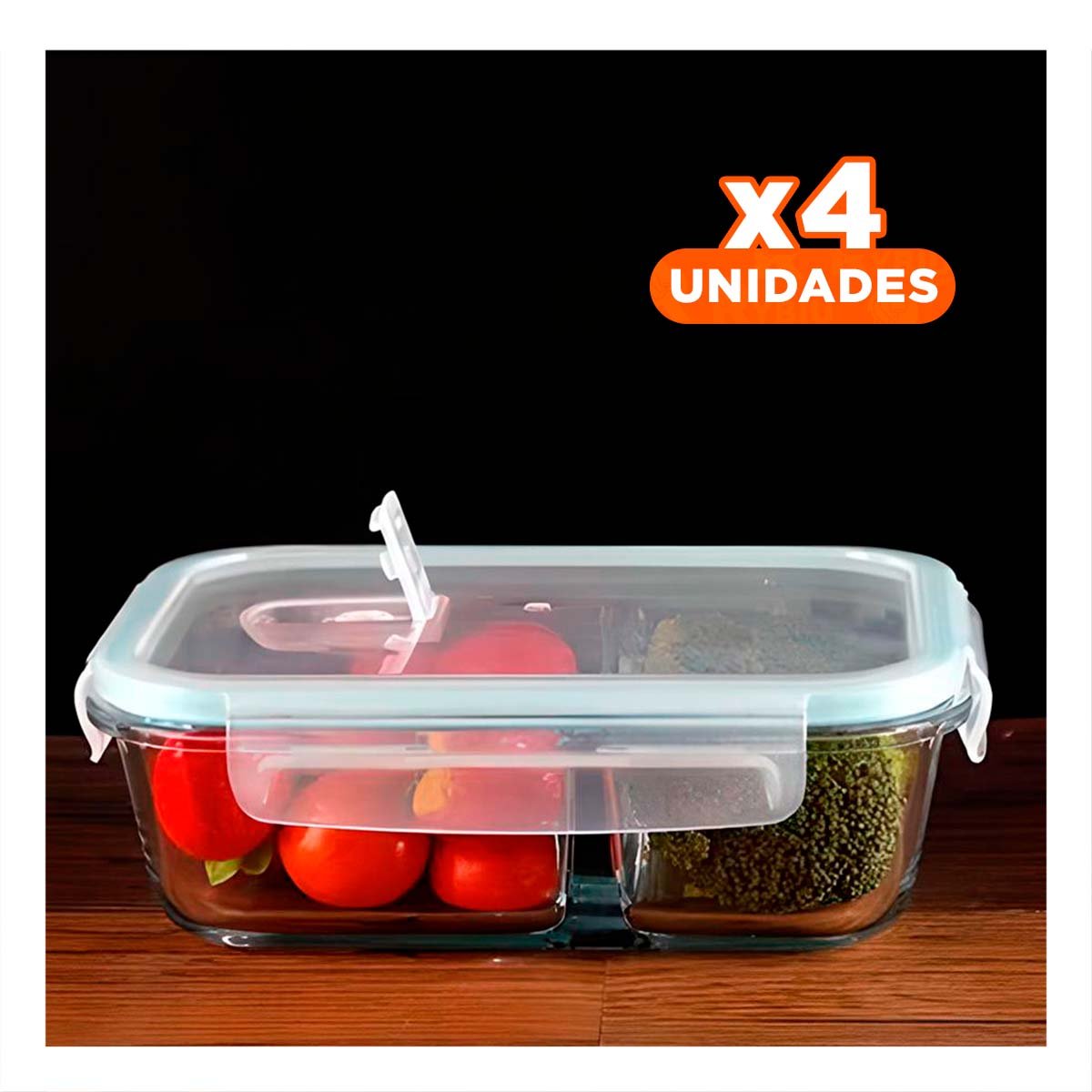 PACK4 RECIPIENTE VIDRIO 2 DIVISIONES 1040ML TRANSPARENTE LINEA BLANCA COMIDA YPAPEL REGALO - 1