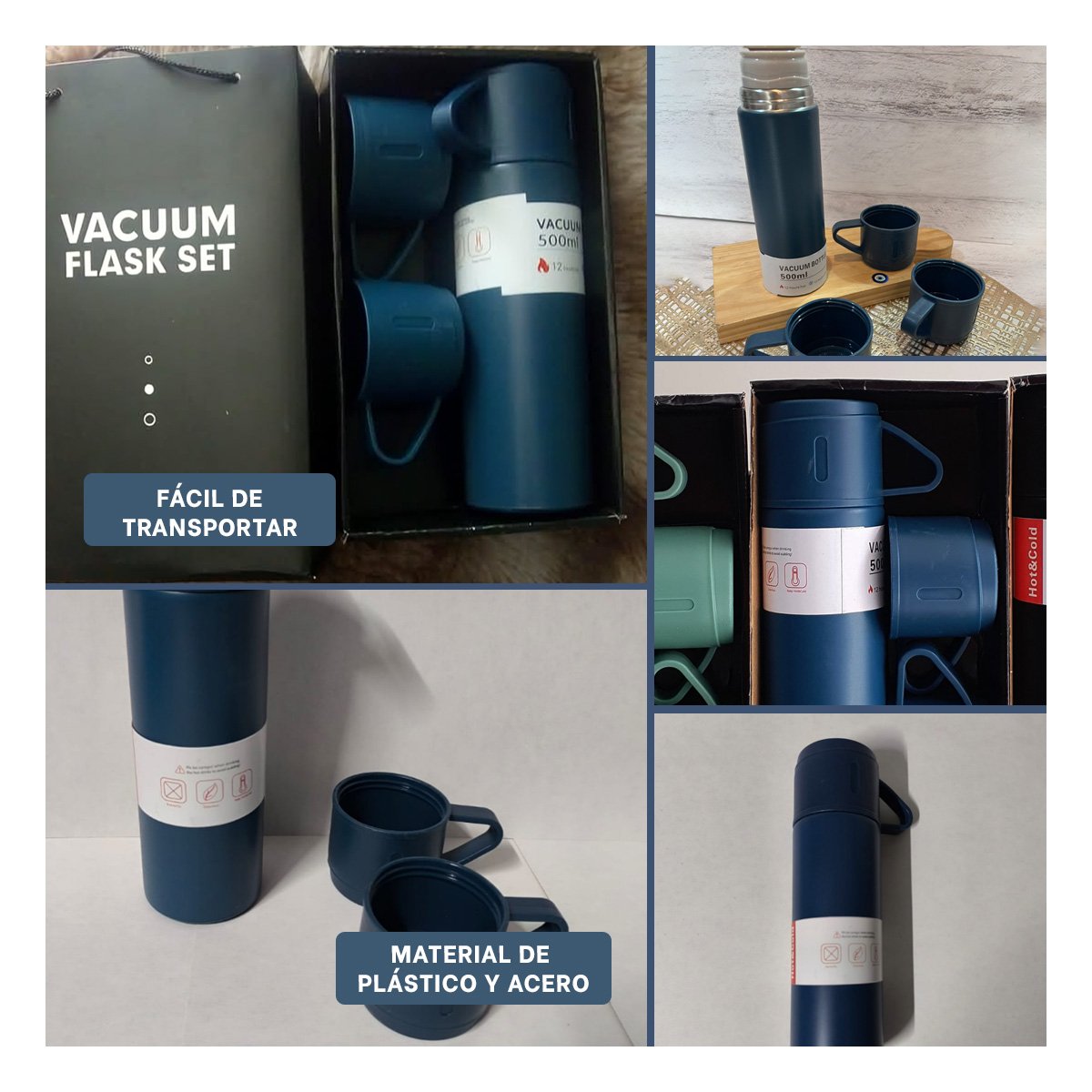 PACK4 BOTELLA TERMICA AZUL MARINO CON 2 TASAS PARA HOGAR Y OFICINA YREGALO STICKER - 2