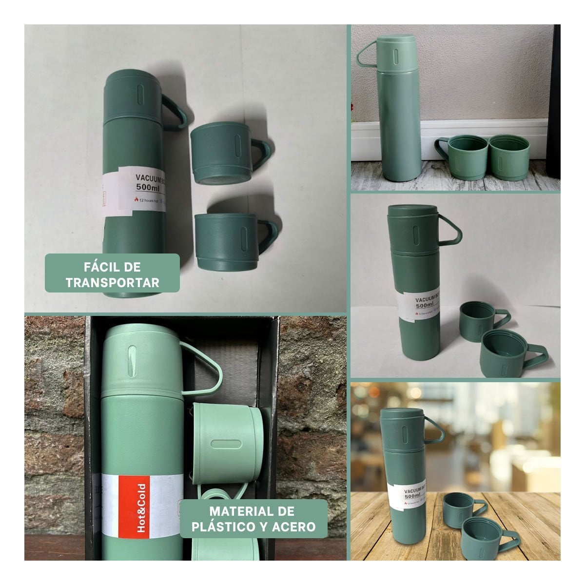 JARRA TERMICA INDIVIDUAL CON 2 TAZAS VERDE PARA HOGAR Y OFICINA YPOST IT - 2