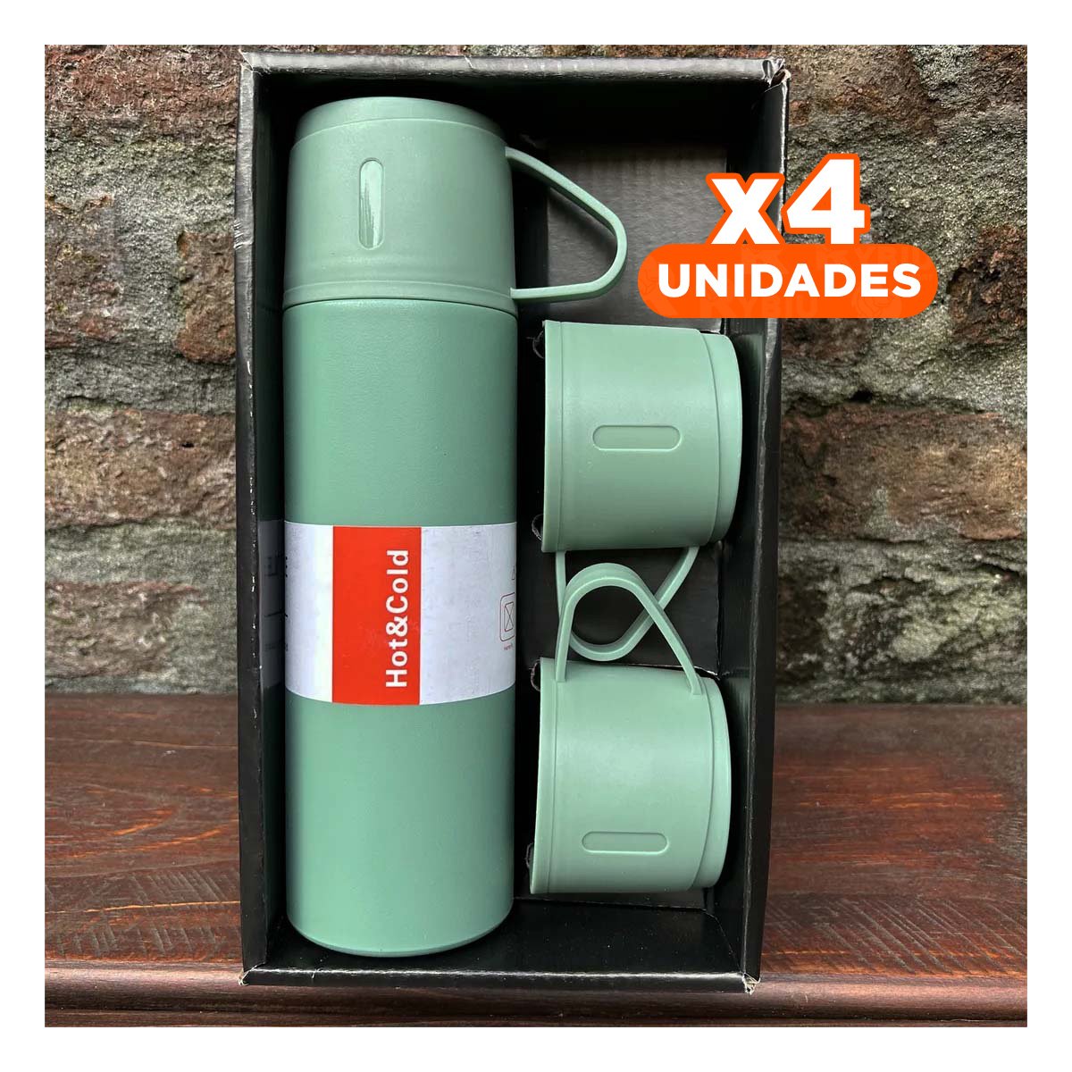 PACK4 CONTENEDOR TERMICO VERDE CON 2 TAZAS PARA HOGAR Y PASEO YREGALO STICKER - 1
