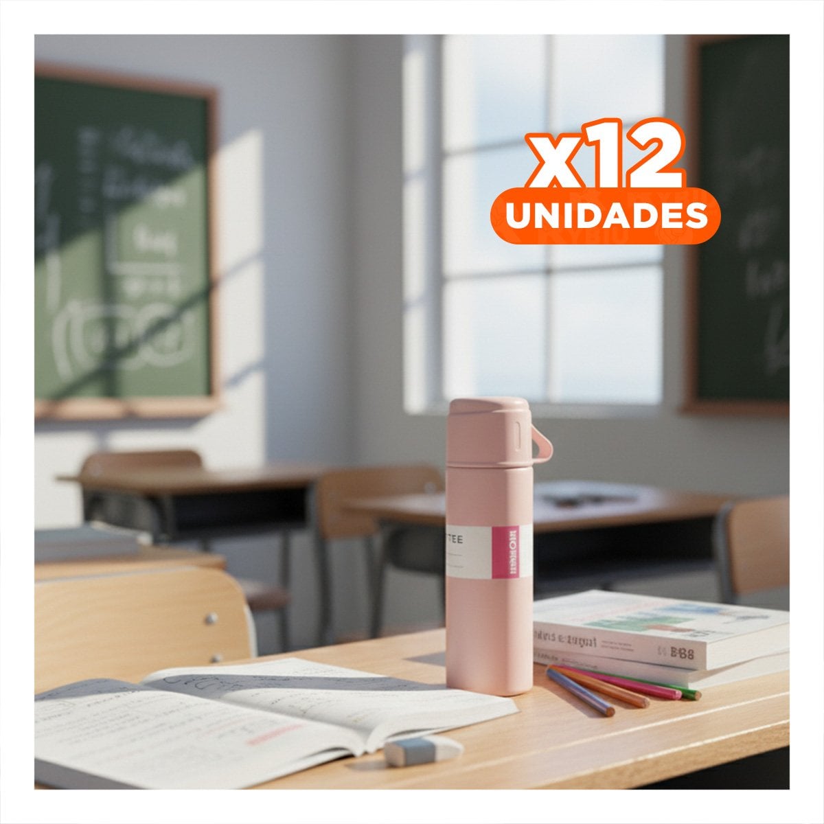 PACK12 TERMO COMPACTO CON 2 TASAS ROSADO PRACTICO PARA HOGAR Y OFICINA YPAPEL REGALO - 1