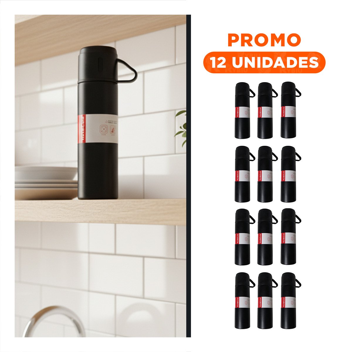 PACK12 CILINDRO TERMICO CON 2 TASAS NEGRO MODERNO Y PRACTICO PARA CASA - 1