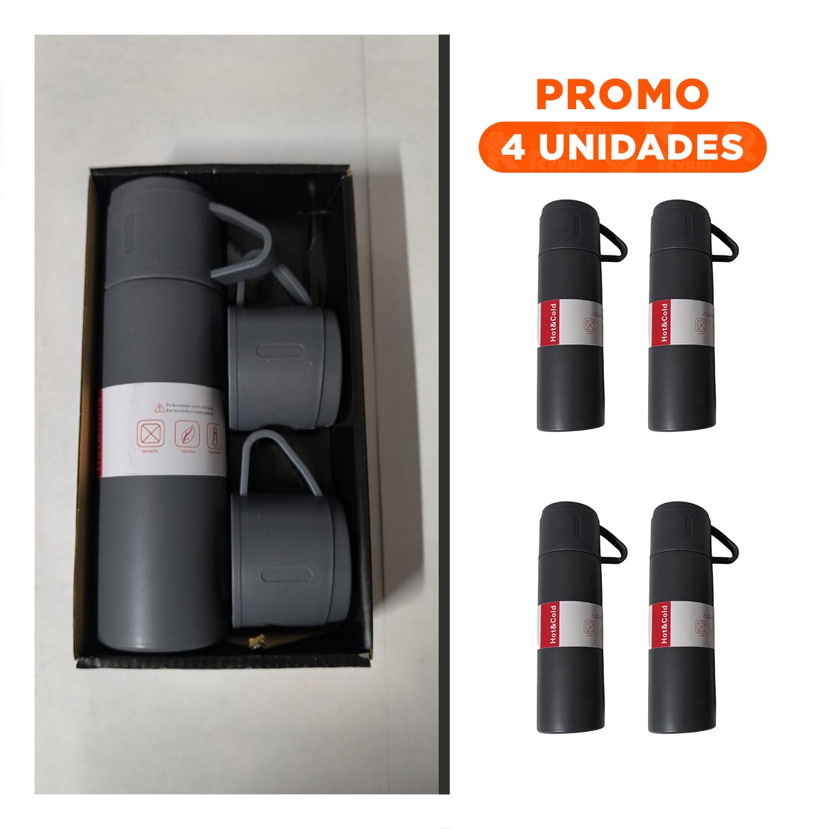 PACK4 CONTENEDOR TERMICO CON 2 TASAS COLOR PLOMO OSCURO PRACTICO PARA VIAJES Y OFICINA DIARIA - 1