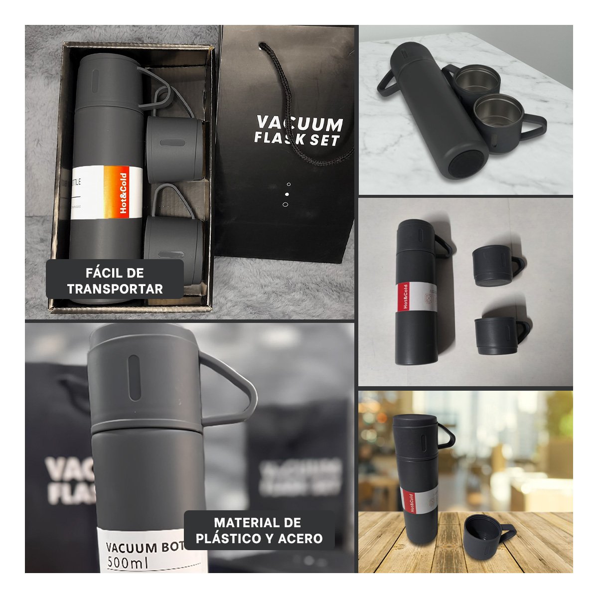TERMO TERMICO CON 2 TASAS COLOR PLOMO OSCURO PARA COMPARTIR BEBIDAS YPOST IT - 2
