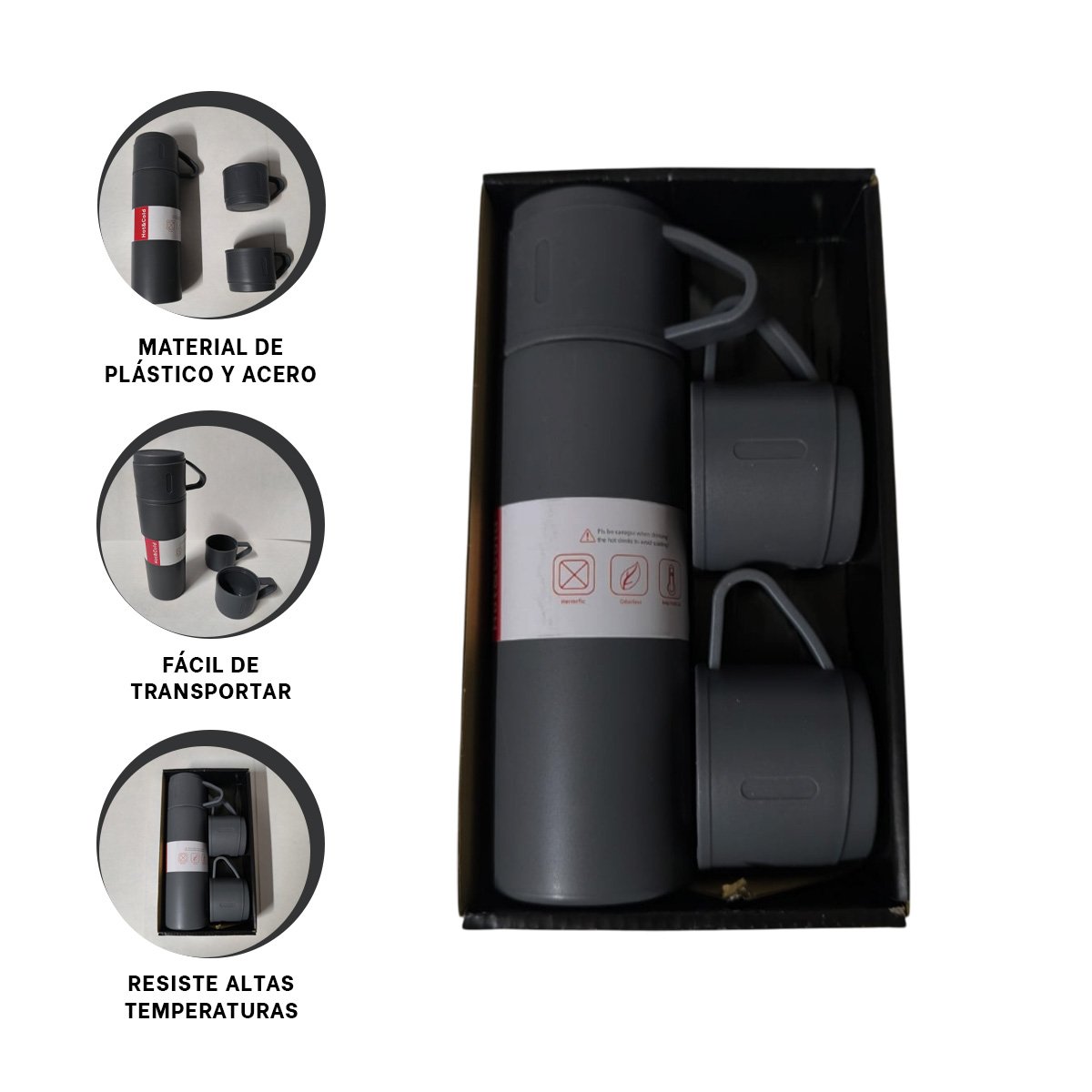 TERMO TERMICO CON 2 TASAS COLOR PLOMO OSCURO PARA COMPARTIR BEBIDAS YPOST IT - 5
