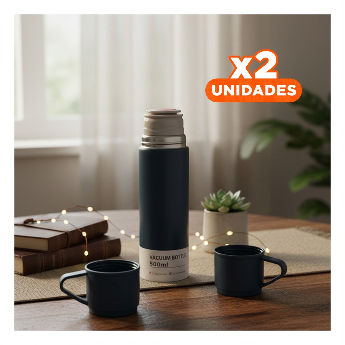 PACK2 TERMO MODERNO CON 2 TASAS AZUL MARINO PARA USO DIARIO EN CASA YPAPEL REGALO - 1