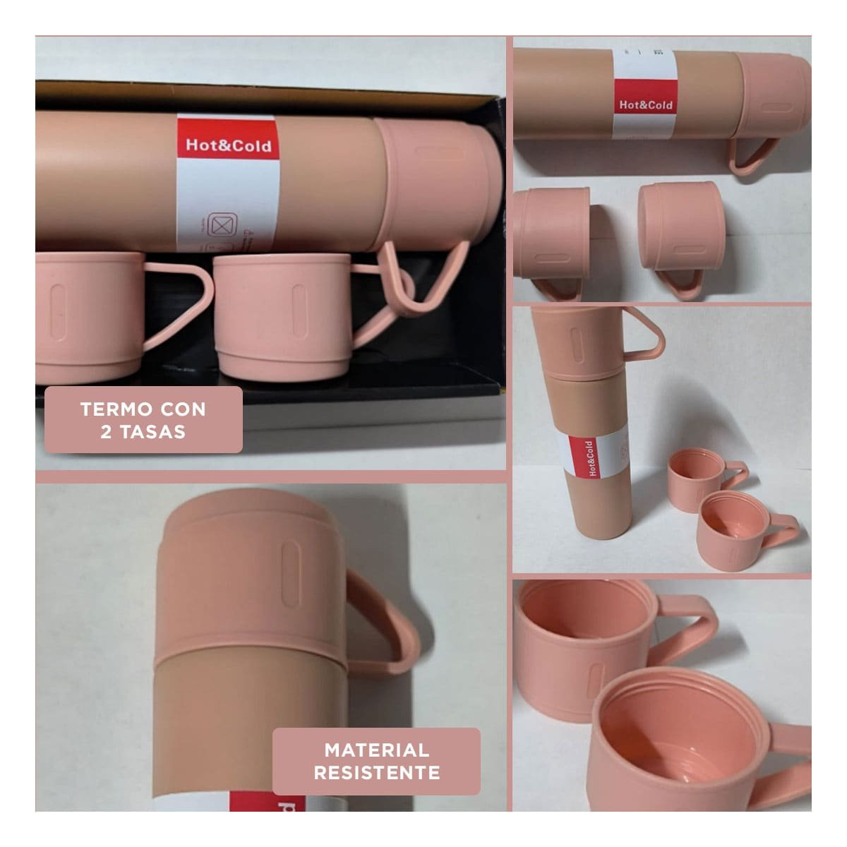 PACK6 VASO TERMICO PORTATIL CON 2 TASAS ROSADO COMODO PARA HOGAR Y VIAJE YPAPEL REGALO - 3