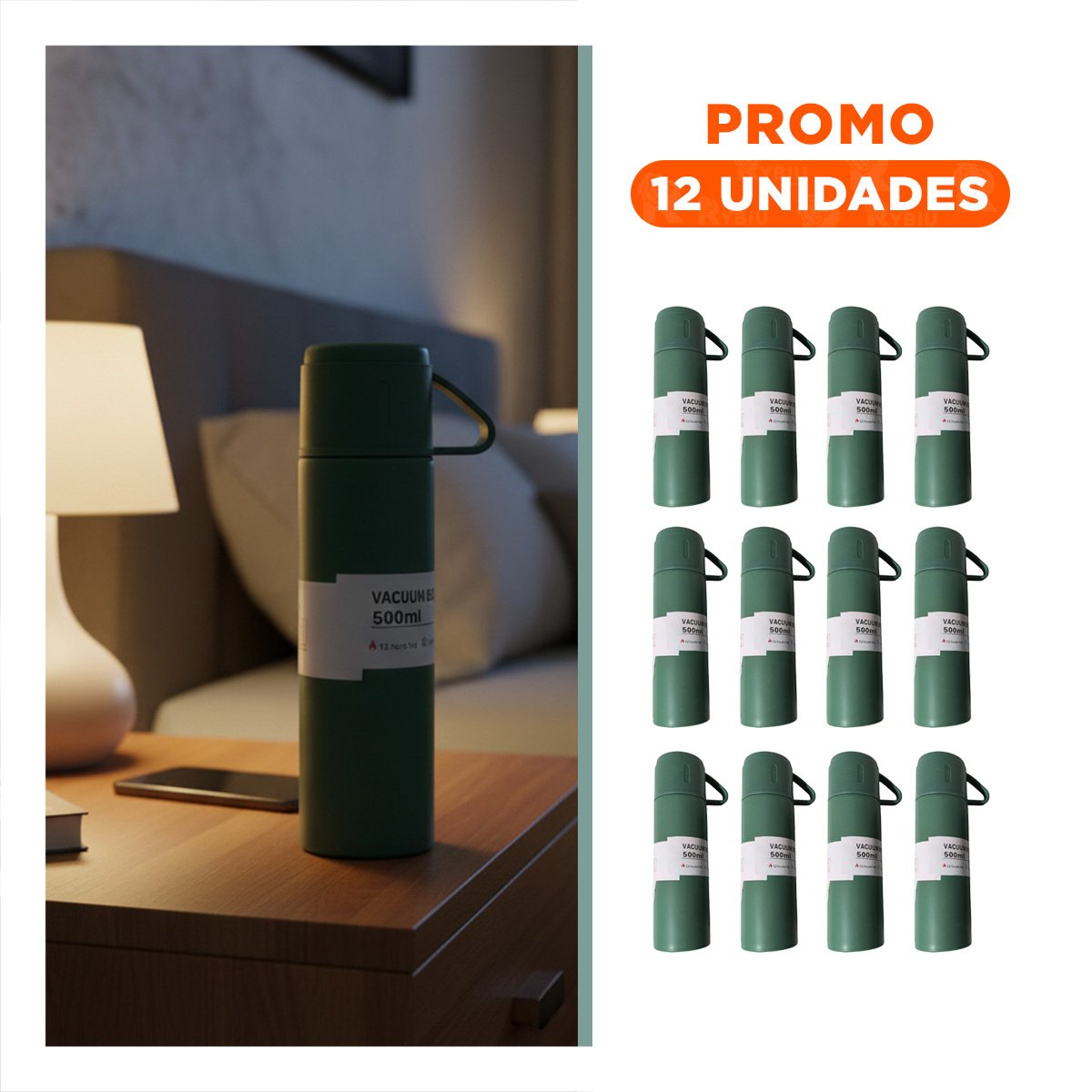 PACK12 TERMO VERDE CON 2 TAZAS PARA PASEO Y USO DIARIO - 1