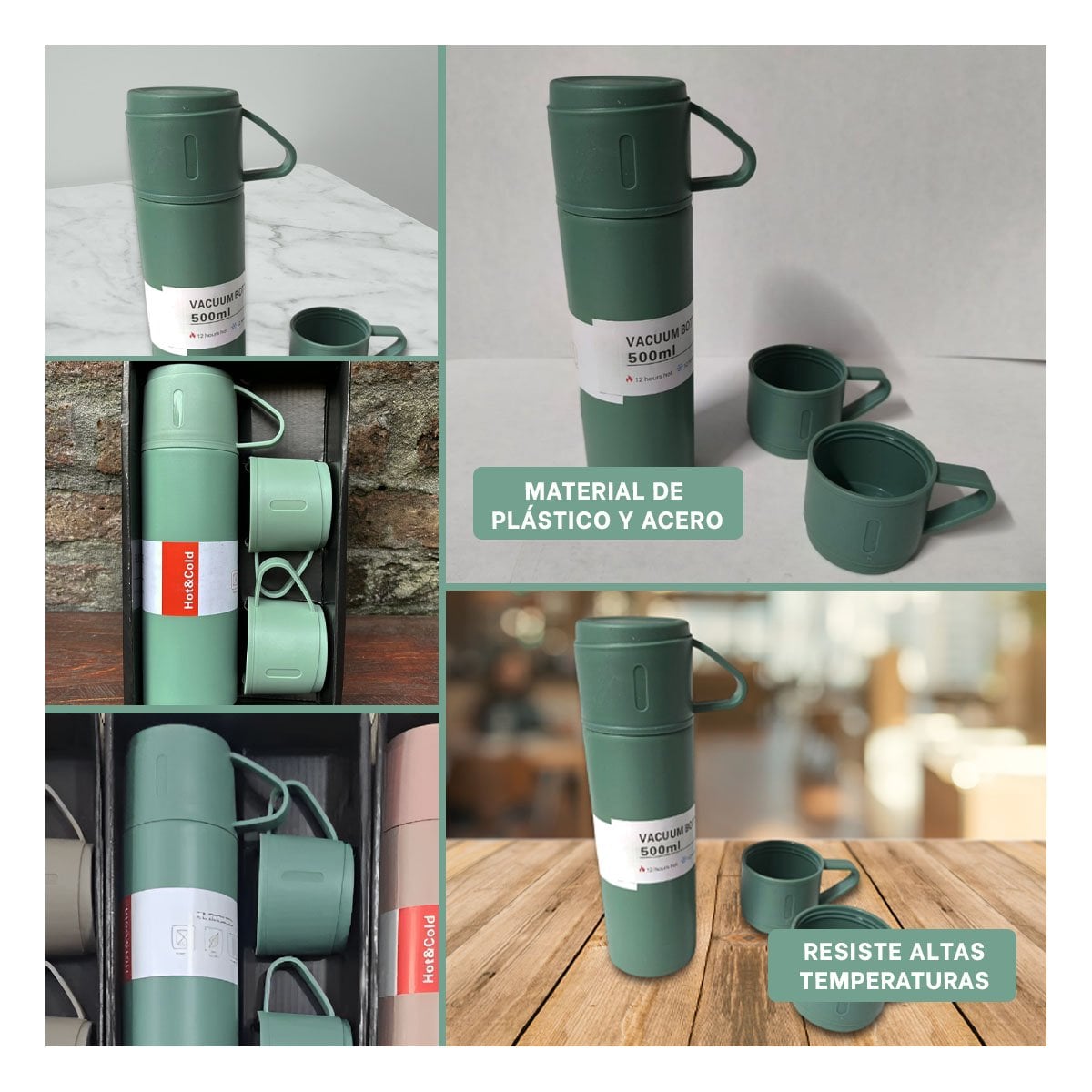 TERMO INDIVIDUAL CON 2 TAZAS VERDE PARA HOGAR Y VIAJE MODERNO - 2