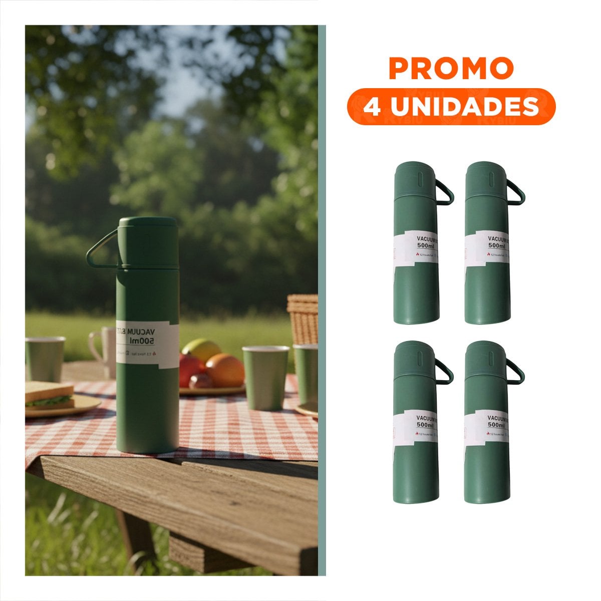 PACK4 BOTELLA TERMICA VERDE CON 2 TAZAS PARA USO DIARIO EN CASA - 1