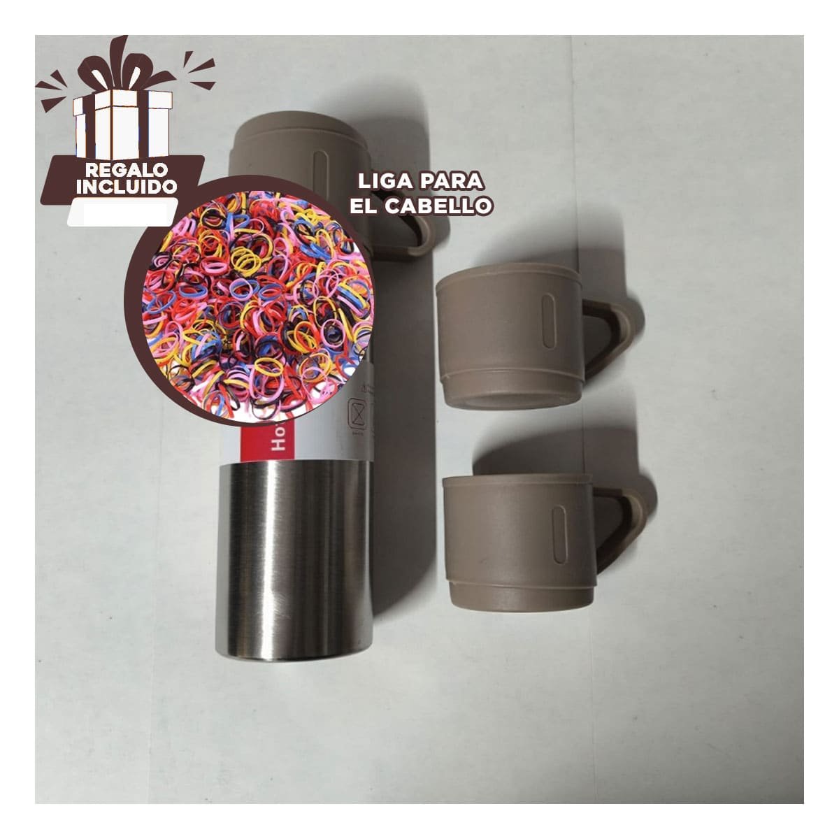FRASCO INDIVIDUAL CON 2 TASAS MARRON PORTATIL YLIGAS REGALO - 2