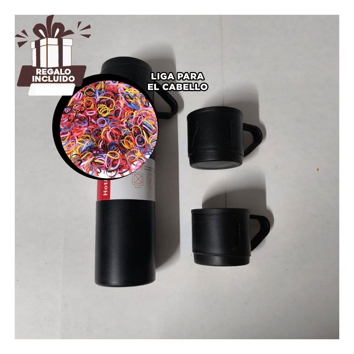 RECIPIENTE TERMICO INDIVIDUAL CON 2 TASAS NEGRO MODERNO PORTATIL PARA VIAJE YLIGAS REGALO - 2